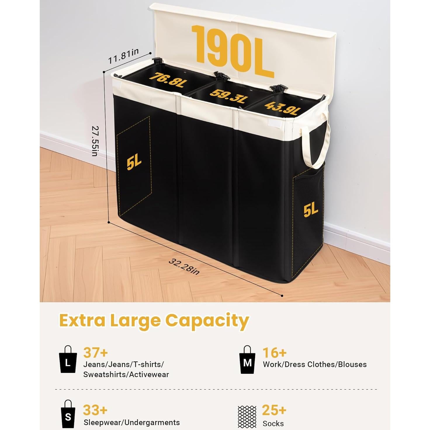 Cesto de Ropa 190L Furicher con Tapa y 3 Secciones