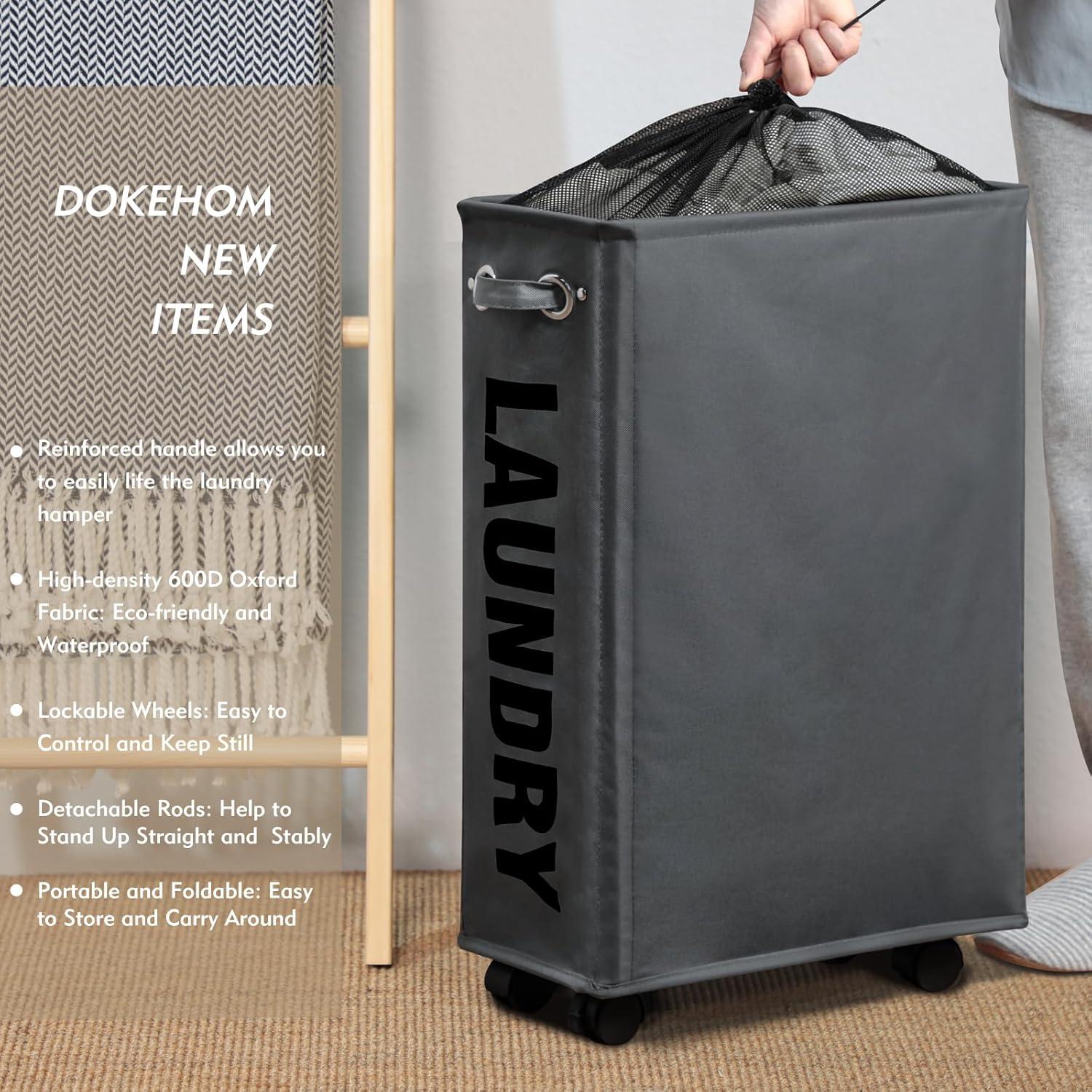 Cesta de Ropa Plegable DOKEHOM 52L con Ruedas Gris Oscuro