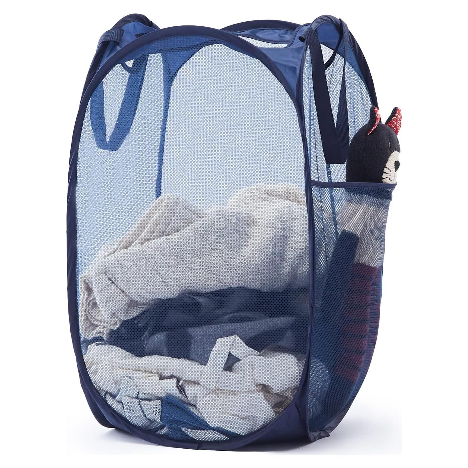 Cesta de Ropa Plegable TECHMILLY 72L Azul con Mangos y Bolsillo