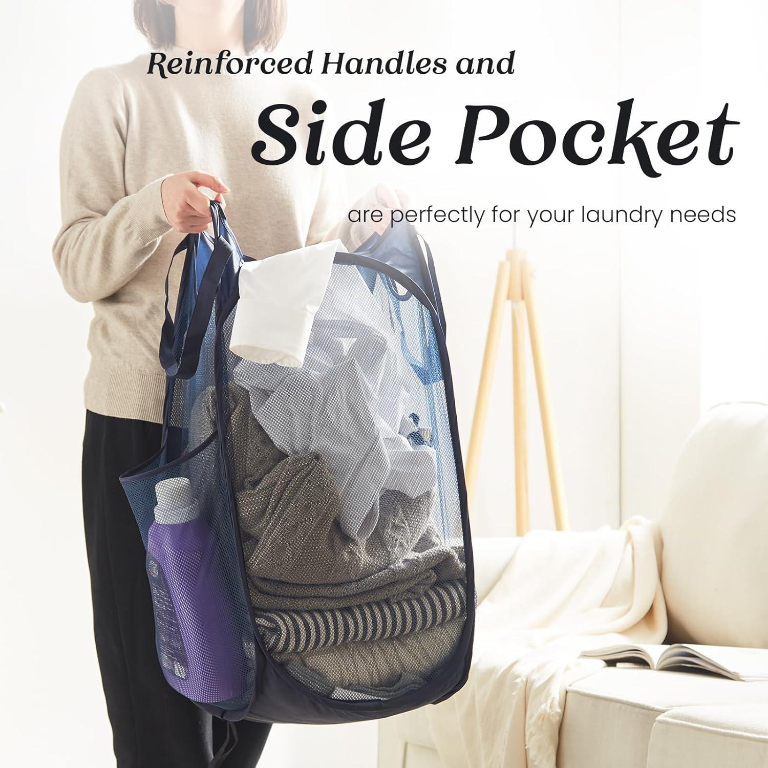 Cesta de Ropa Plegable TECHMILLY 72L Azul con Mangos y Bolsillo