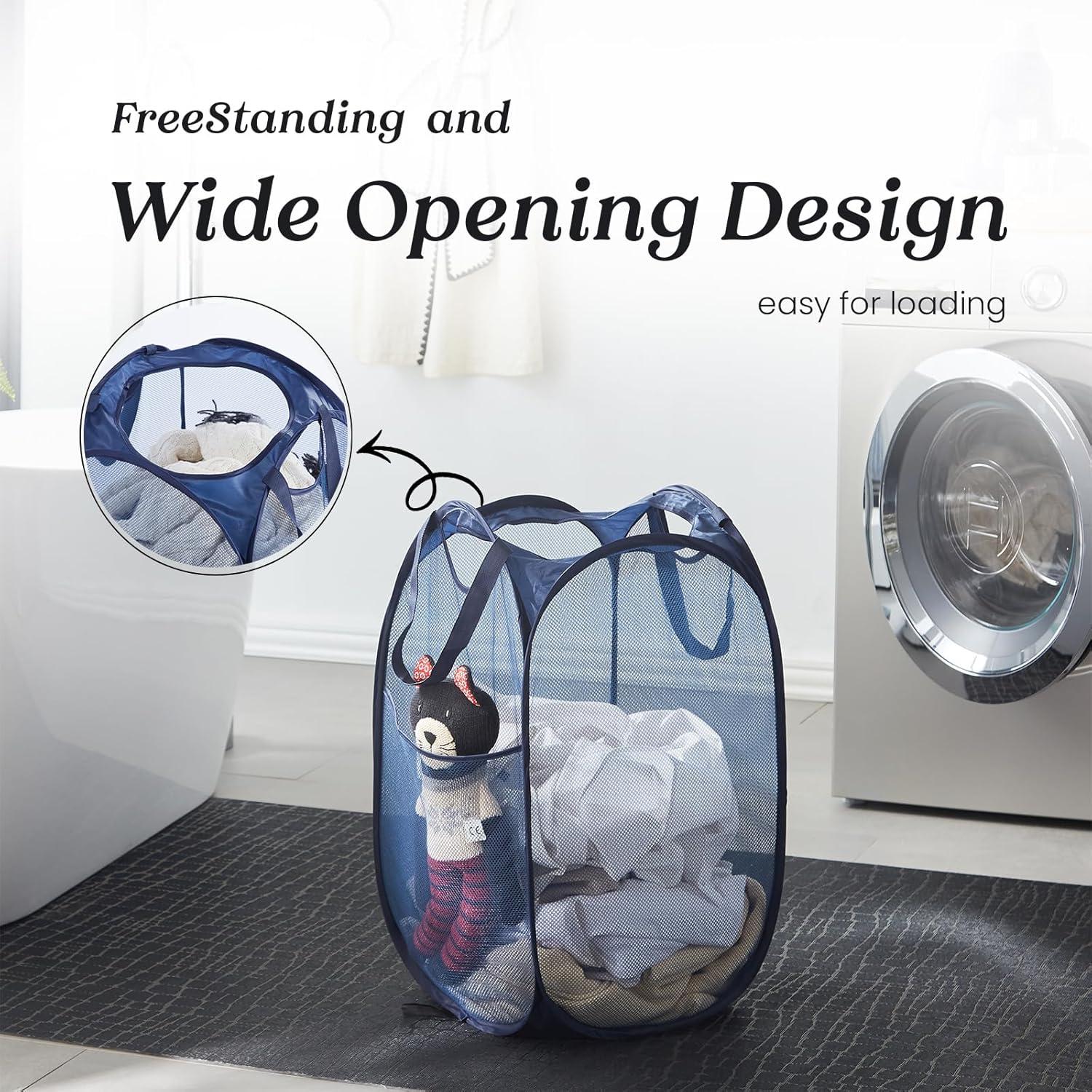 Cesta de Ropa Plegable TECHMILLY 72L Azul con Mangos y Bolsillo