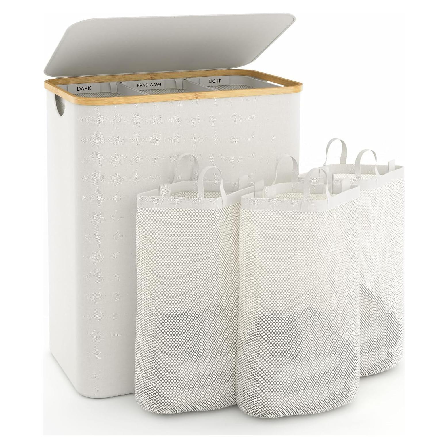 Cesta de Ropa Sucia con Tapa Bathola 160L Beige 3 Secciones