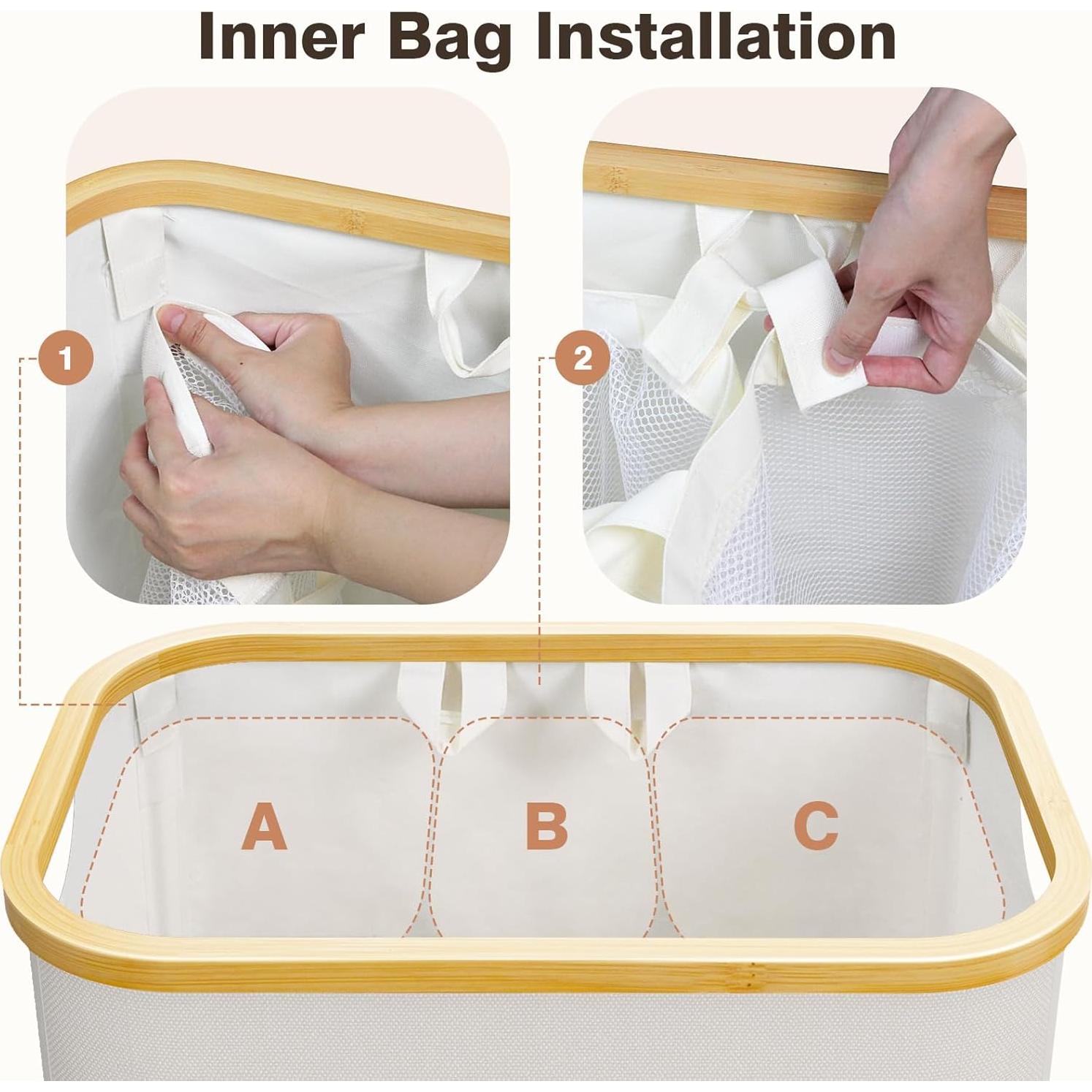 Cesta de Ropa Sucia con Tapa Bathola 160L Beige 3 Secciones