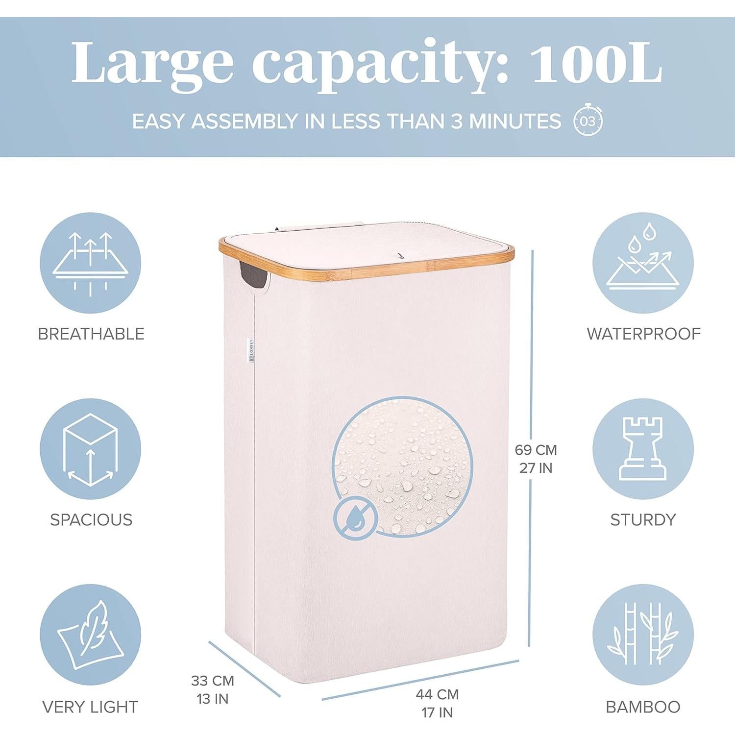 Cesta de Ropa Beige Lonbet con Tapa y Asas - 98 Litros