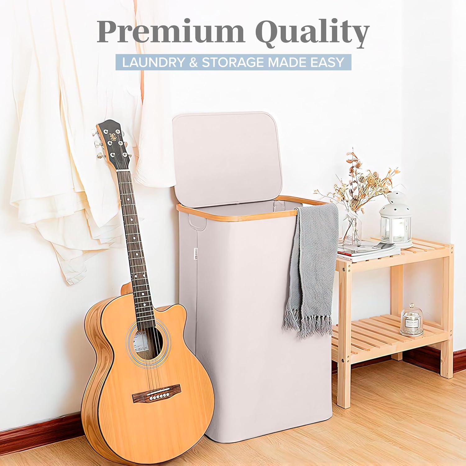 Cesta de Ropa Beige Lonbet con Tapa y Asas - 98 Litros