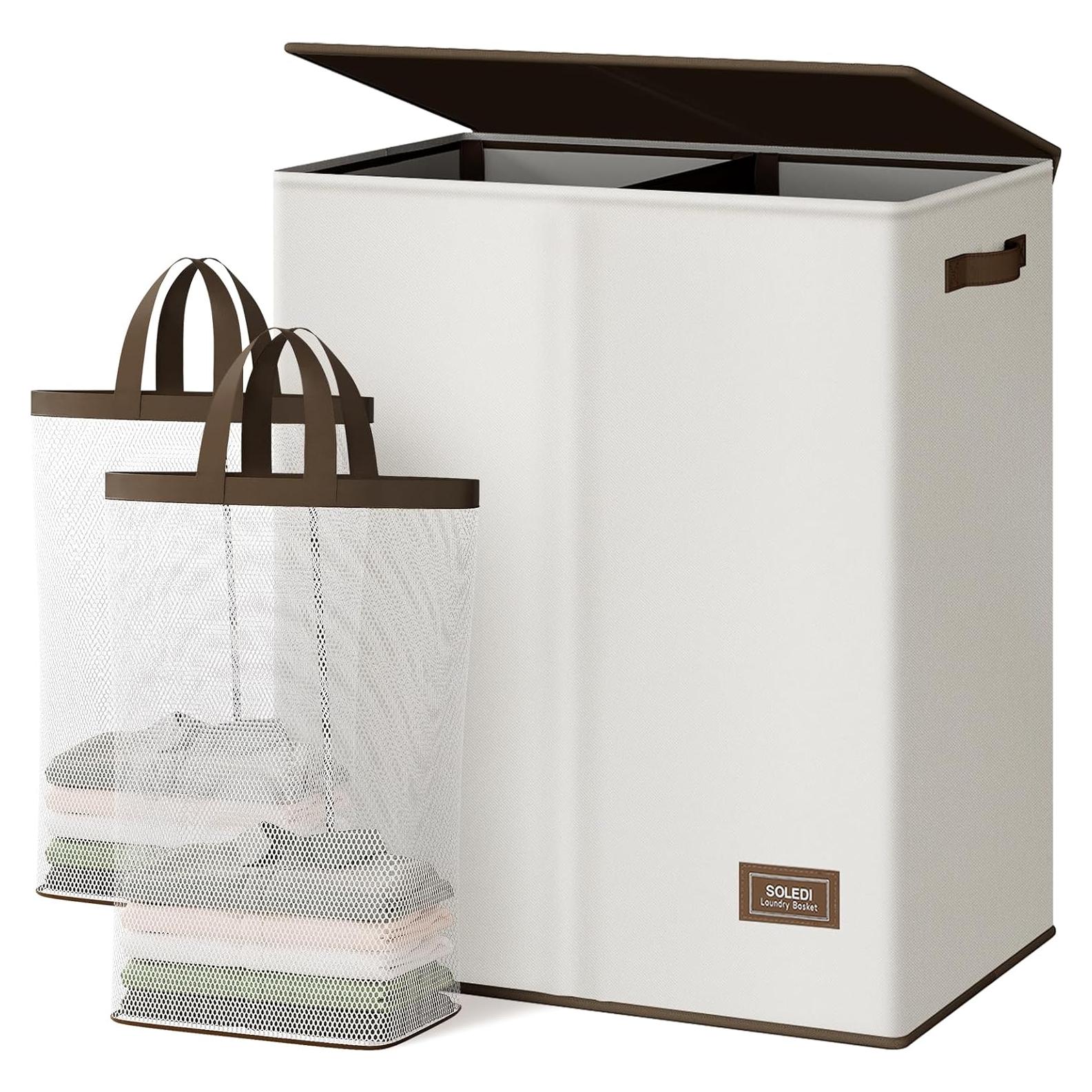 Cesta de Ropa Doble SOLEDI 145L con Tapa y Bolsas Extraíbles