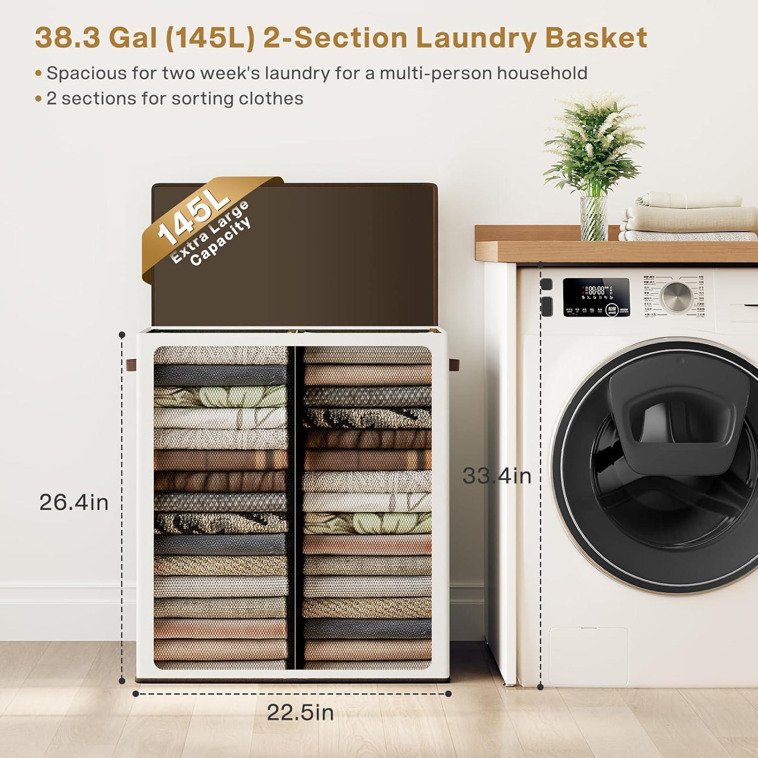 Cesta de Ropa Doble SOLEDI 145L con Tapa y Bolsas Extraíbles