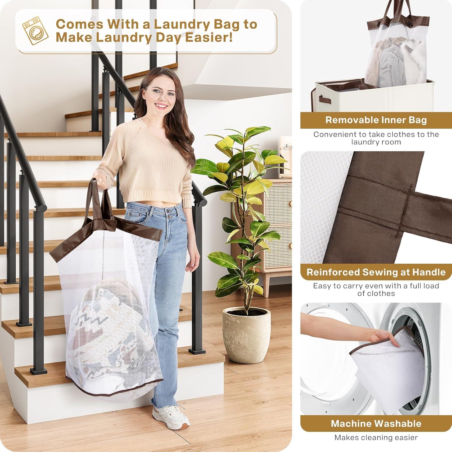 Cesta de Ropa Doble SOLEDI 145L con Tapa y Bolsas Extraíbles