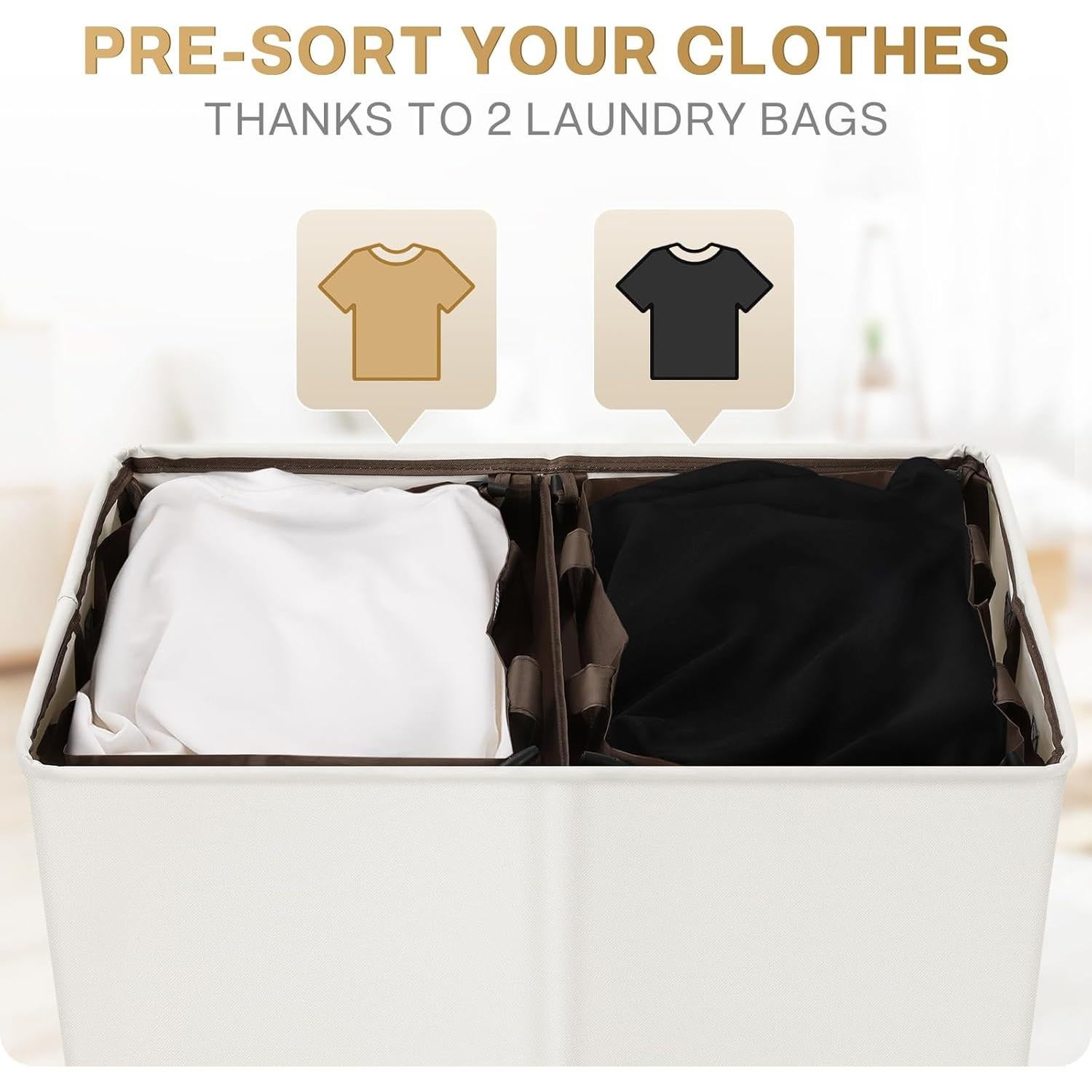 Cesta de Ropa Doble SOLEDI 145L con Tapa y Bolsas Extraíbles