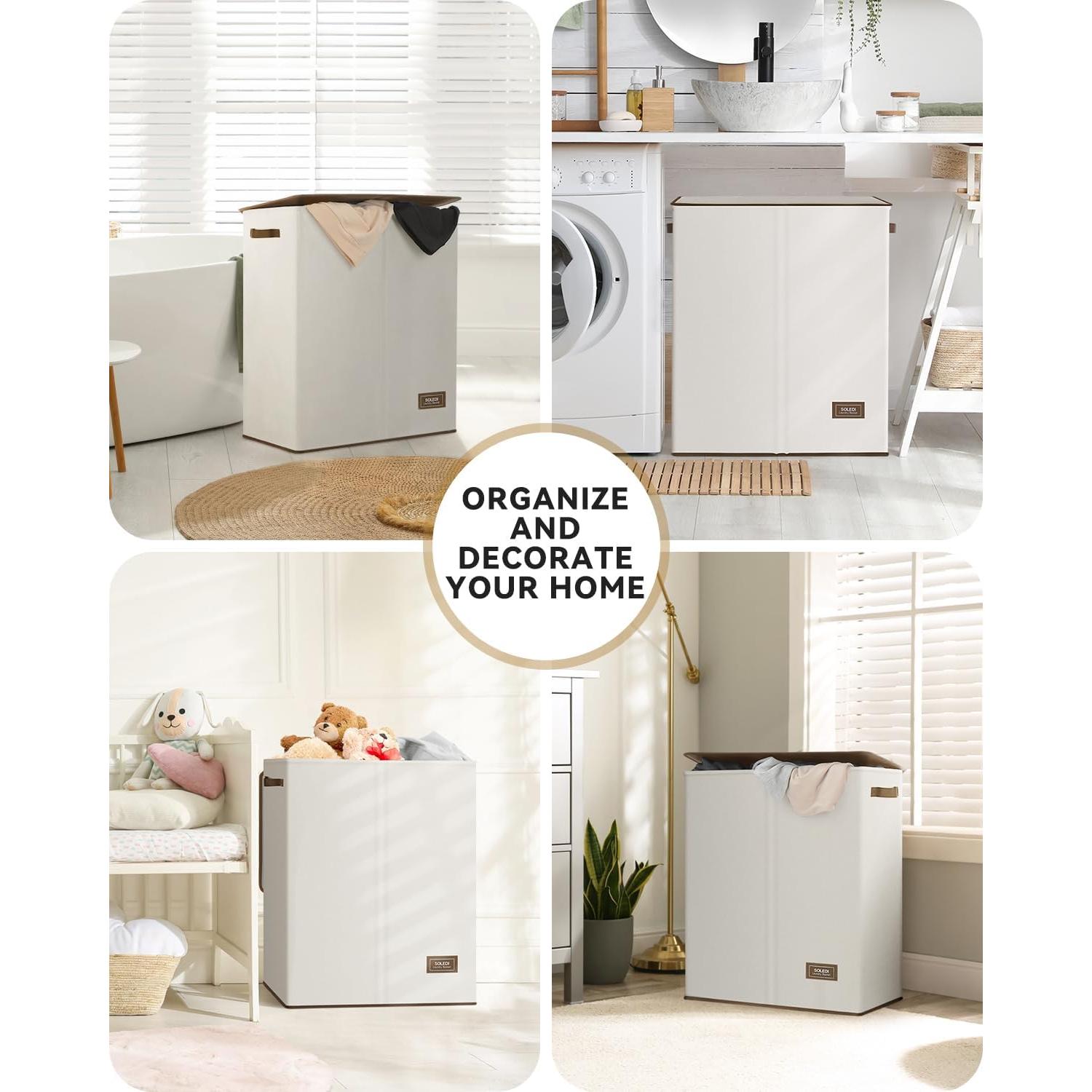 Cesta de Ropa Doble SOLEDI 145L con Tapa y Bolsas Extraíbles