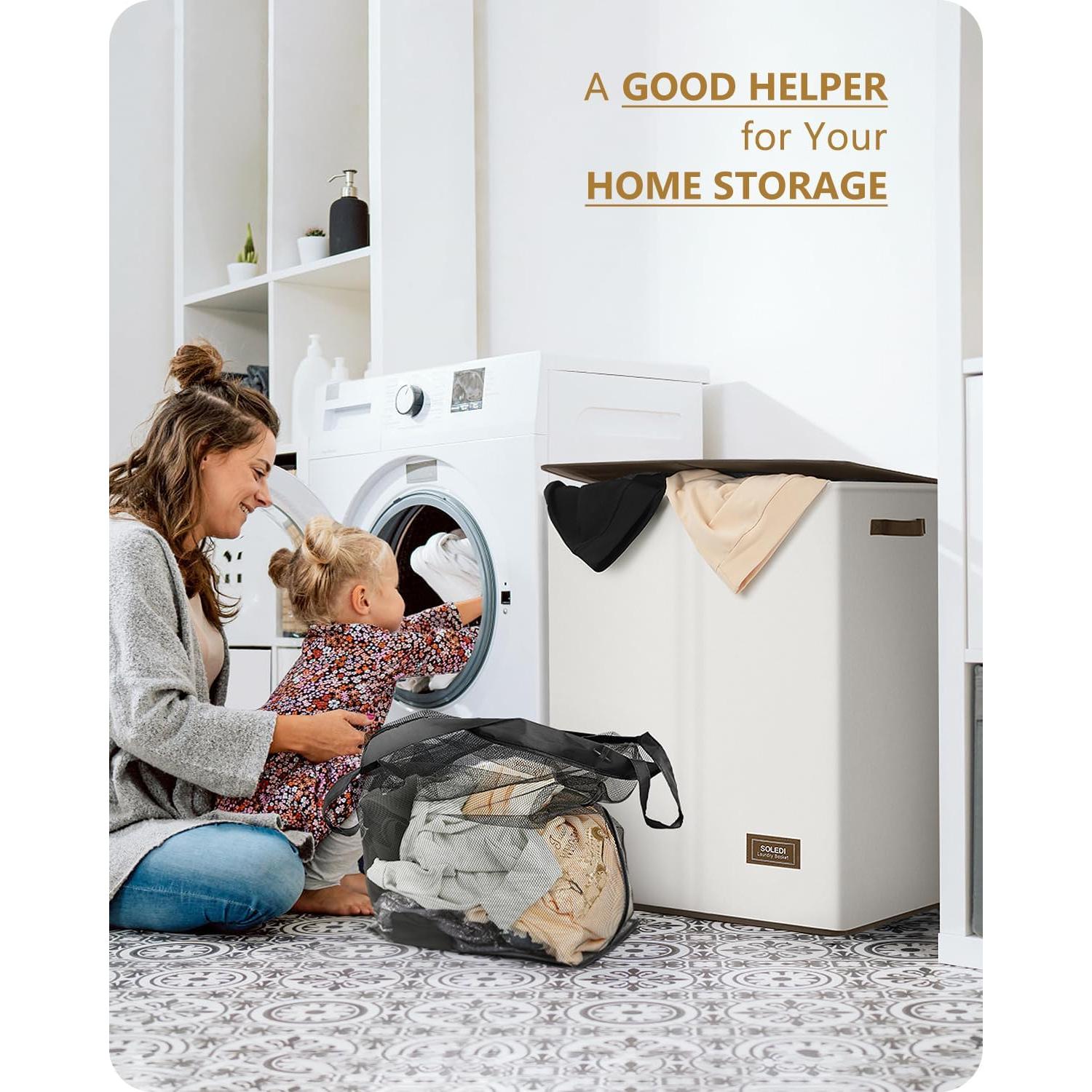 Cesta de Ropa Doble SOLEDI 145L con Tapa y Bolsas Extraíbles