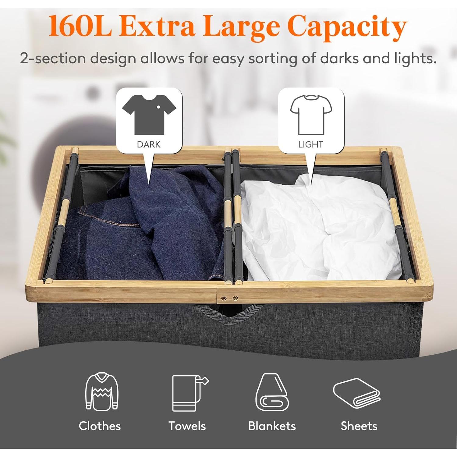 Cesta de Ropa Sucia Doble Lifewit 160L con Tapa y Asas