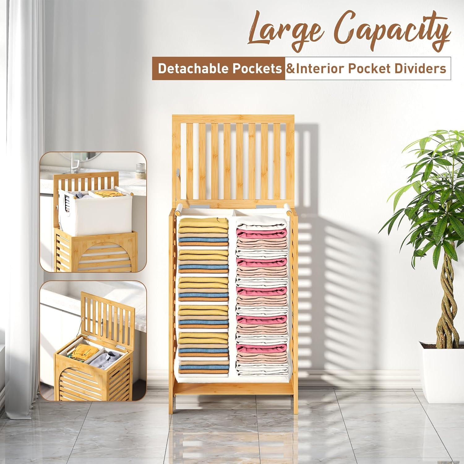 Cesta de Ropa FILWH con Tapa 85L de Bambú Natural 42.9x33x67.3cm