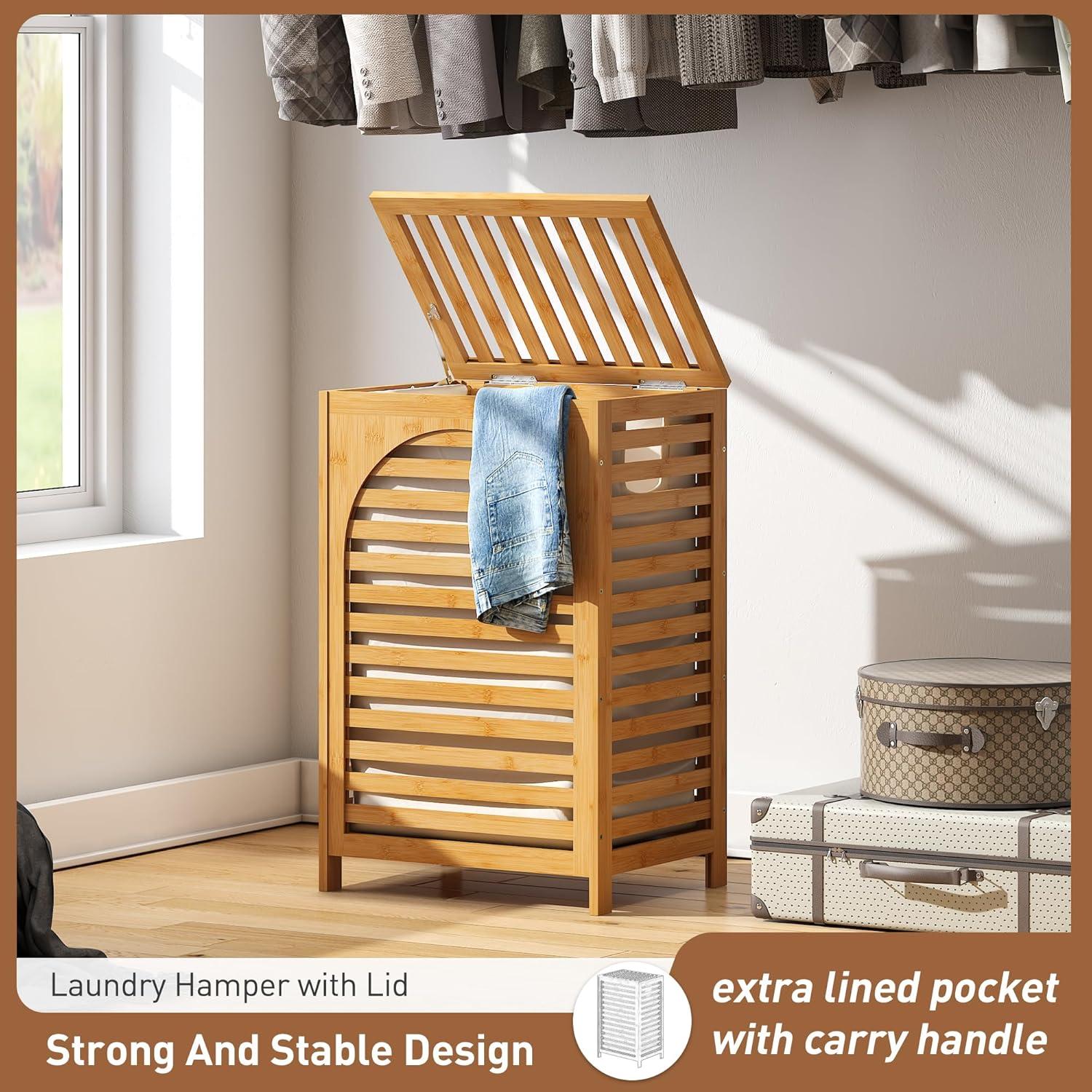 Cesta de Ropa FILWH con Tapa 85L de Bambú Natural 42.9x33x67.3cm