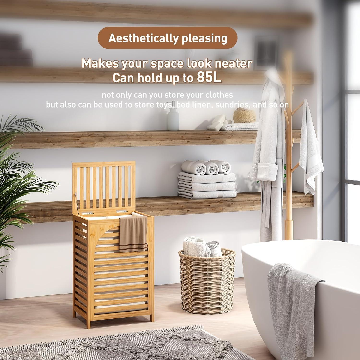 Cesta de Ropa FILWH con Tapa 85L de Bambú Natural 42.9x33x67.3cm