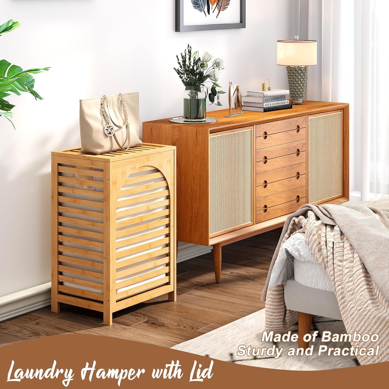 Cesta de Ropa FILWH con Tapa 85L de Bambú Natural 42.9x33x67.3cm