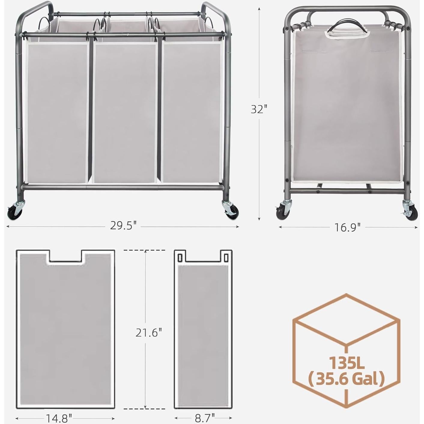 Carro Clasificador de Ropa STORAGE MANIAC 3 Secciones Gris 136L