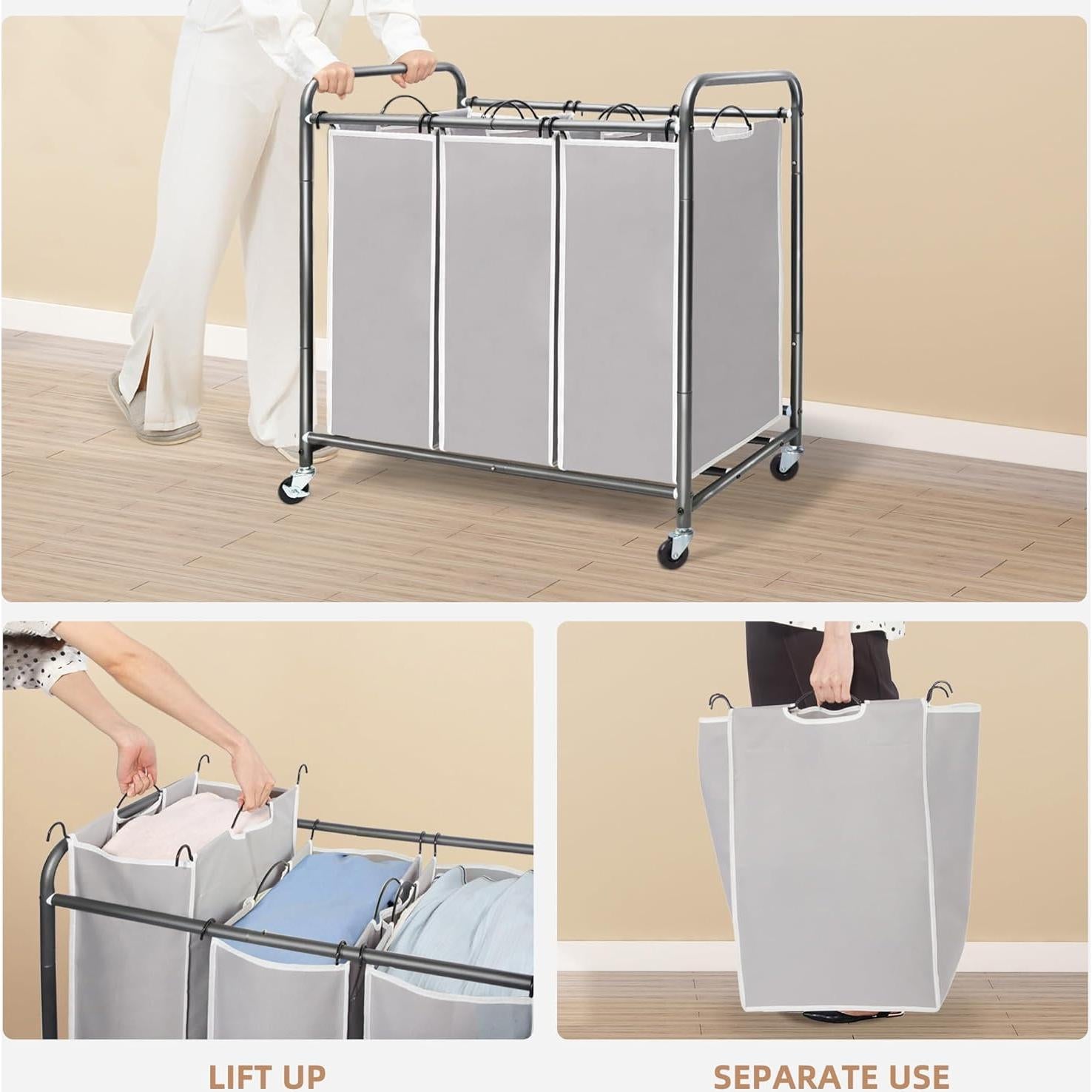 Carro Clasificador de Ropa STORAGE MANIAC 3 Secciones Gris 136L