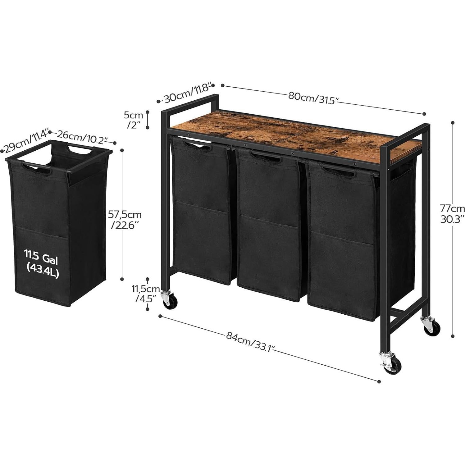 Cesto de Ropa HOOBRO 3 Secciones con Ruedas 130L Marrón