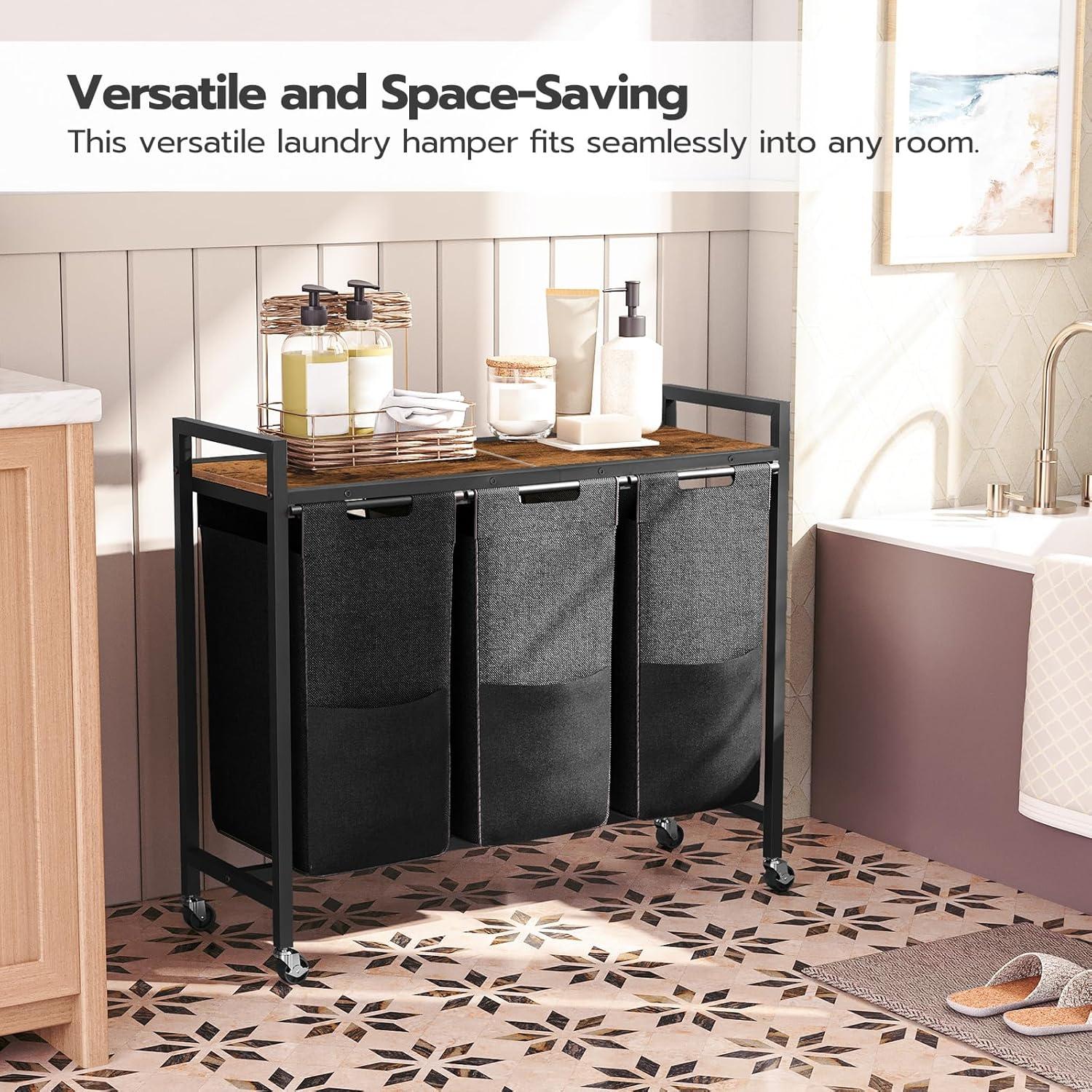 Cesto de Ropa HOOBRO 3 Secciones con Ruedas 130L Marrón