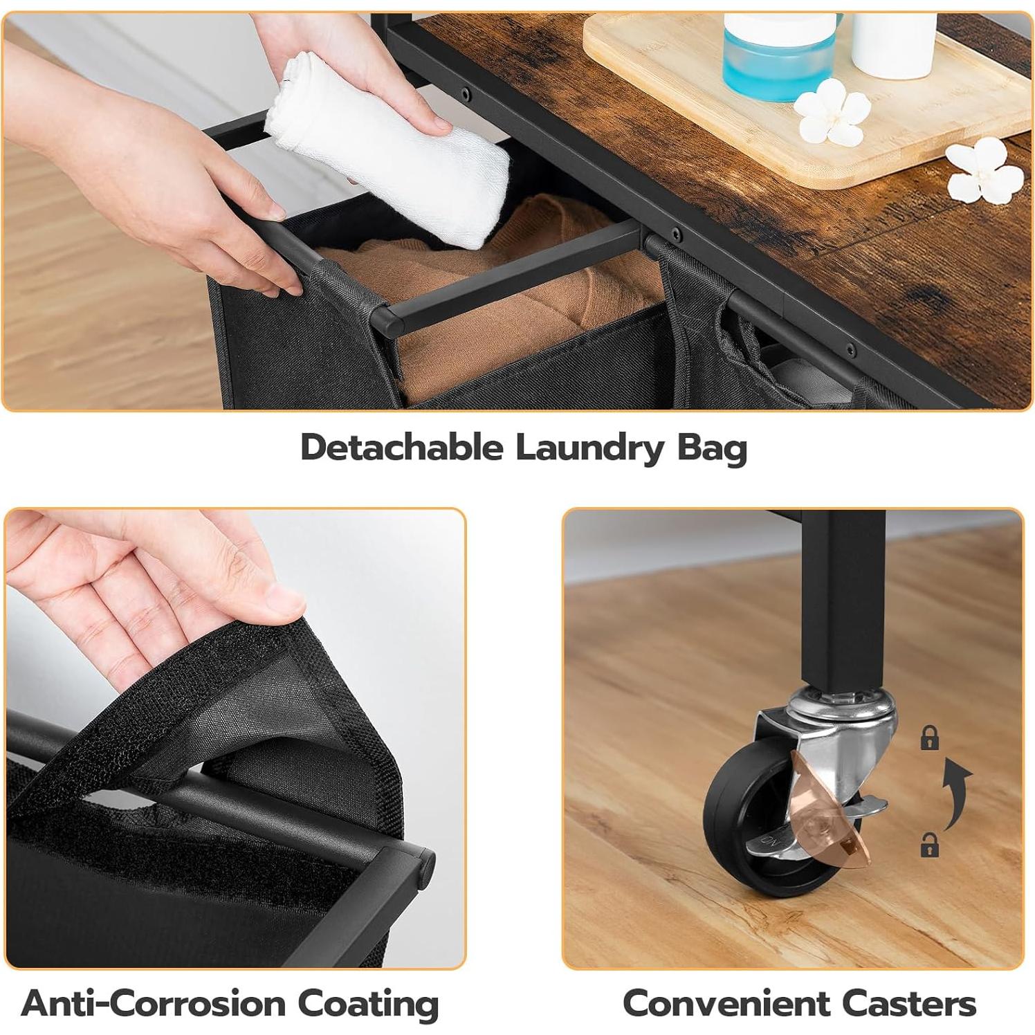 Cesto de Ropa HOOBRO 3 Secciones con Ruedas 130L Marrón