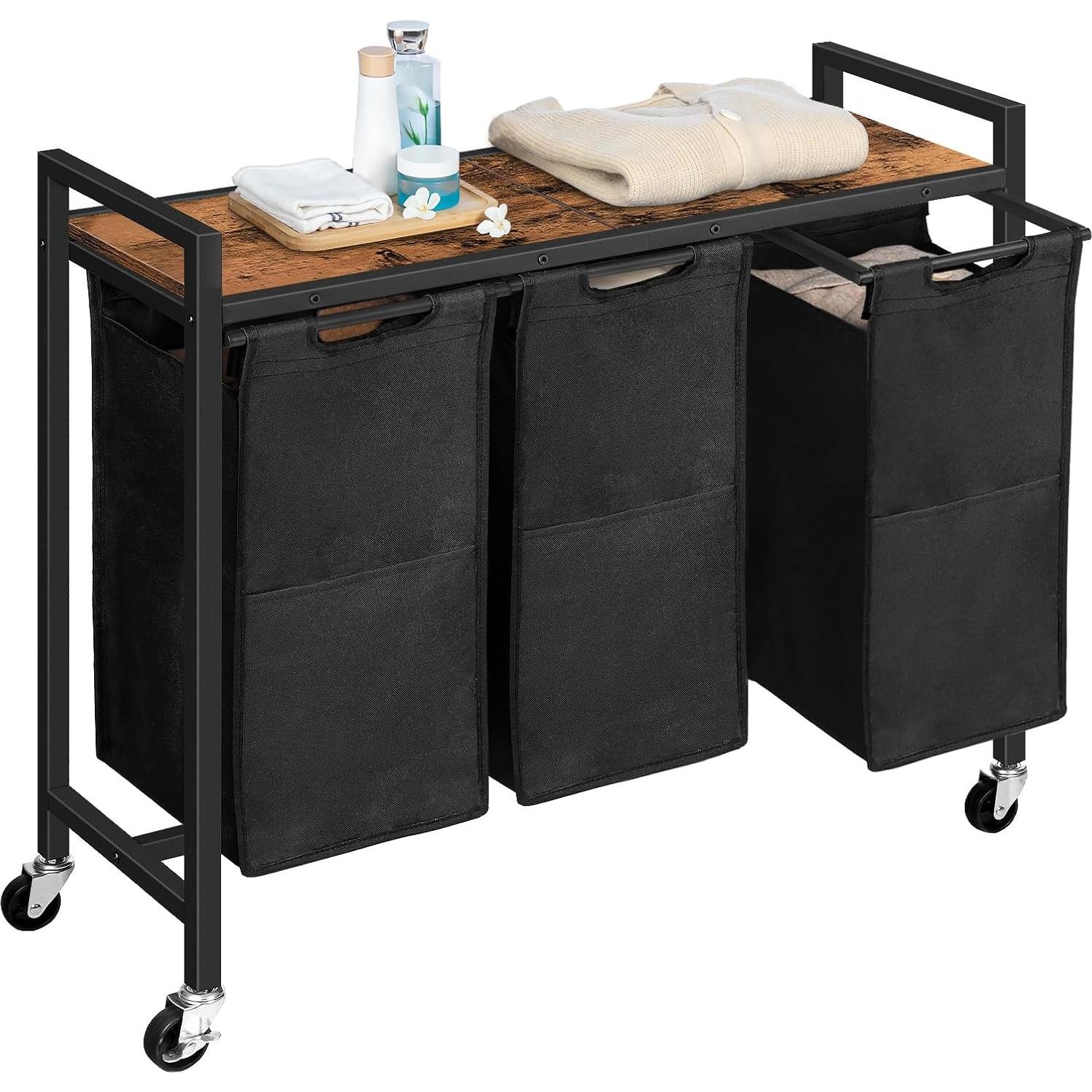 Cesto de Ropa HOOBRO 3 Secciones con Ruedas 130L Marrón