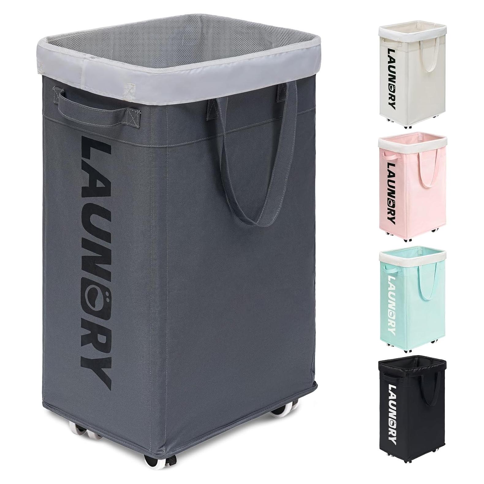 Cesta de Ropa Goodpick 75L con Ruedas y Bolsa Extraíble Gris