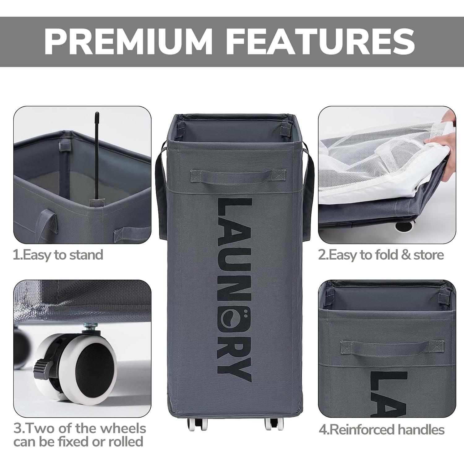 Cesta de Ropa Goodpick 75L con Ruedas y Bolsa Extraíble Gris