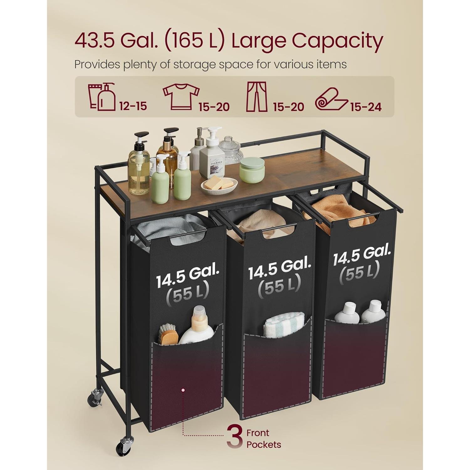 Clasificador de Ropa VASAGLE 165L con 3 Bolsas Desmontables