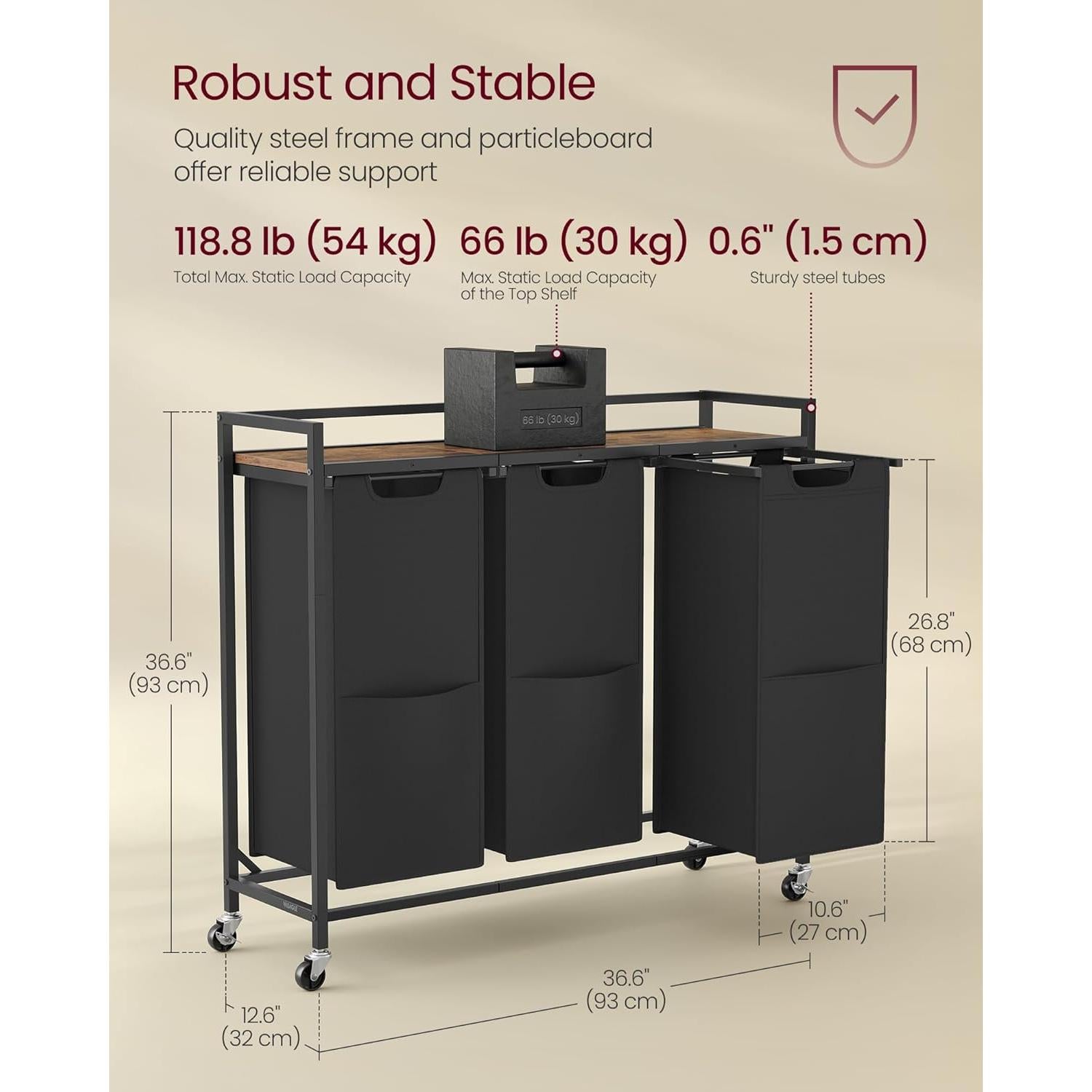 Clasificador de Ropa VASAGLE 165L con 3 Bolsas Desmontables