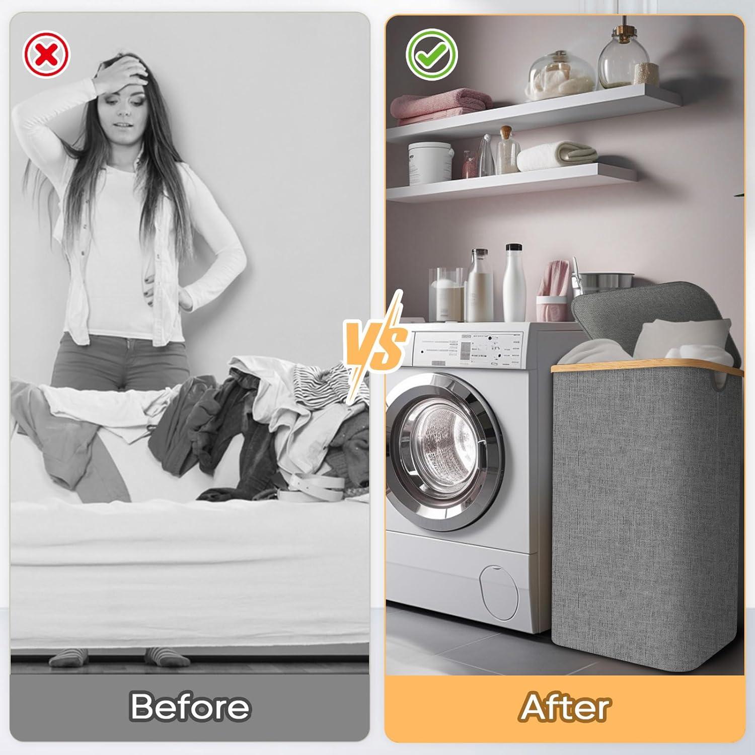 Cesta de Ropa con Tapa BALEINE 100L Beige de Bambú