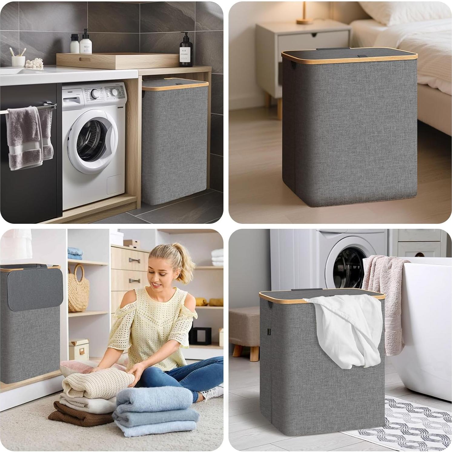 Cesta de Ropa con Tapa BALEINE 100L Beige de Bambú