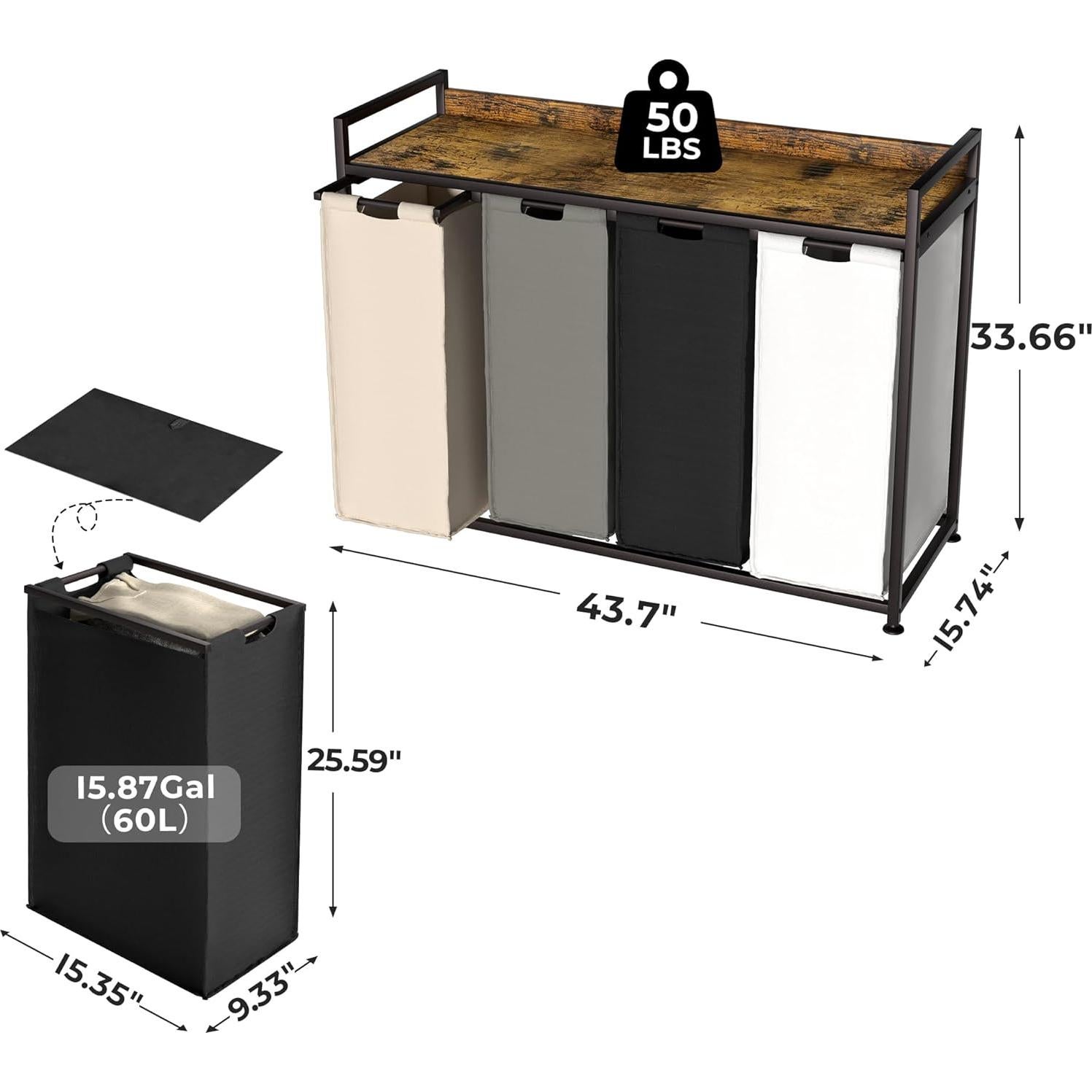 Cesto de Ropa Herture 240L con 4 Bolsas Extraíbles y Ruedas