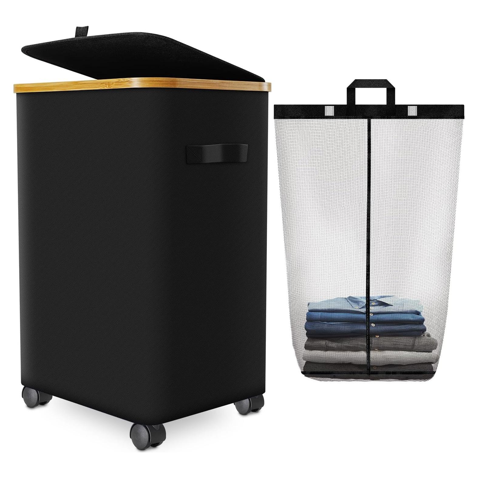 Cesta de Ropa Plegable Wuevu 75L con Ruedas y Tapa - Negro