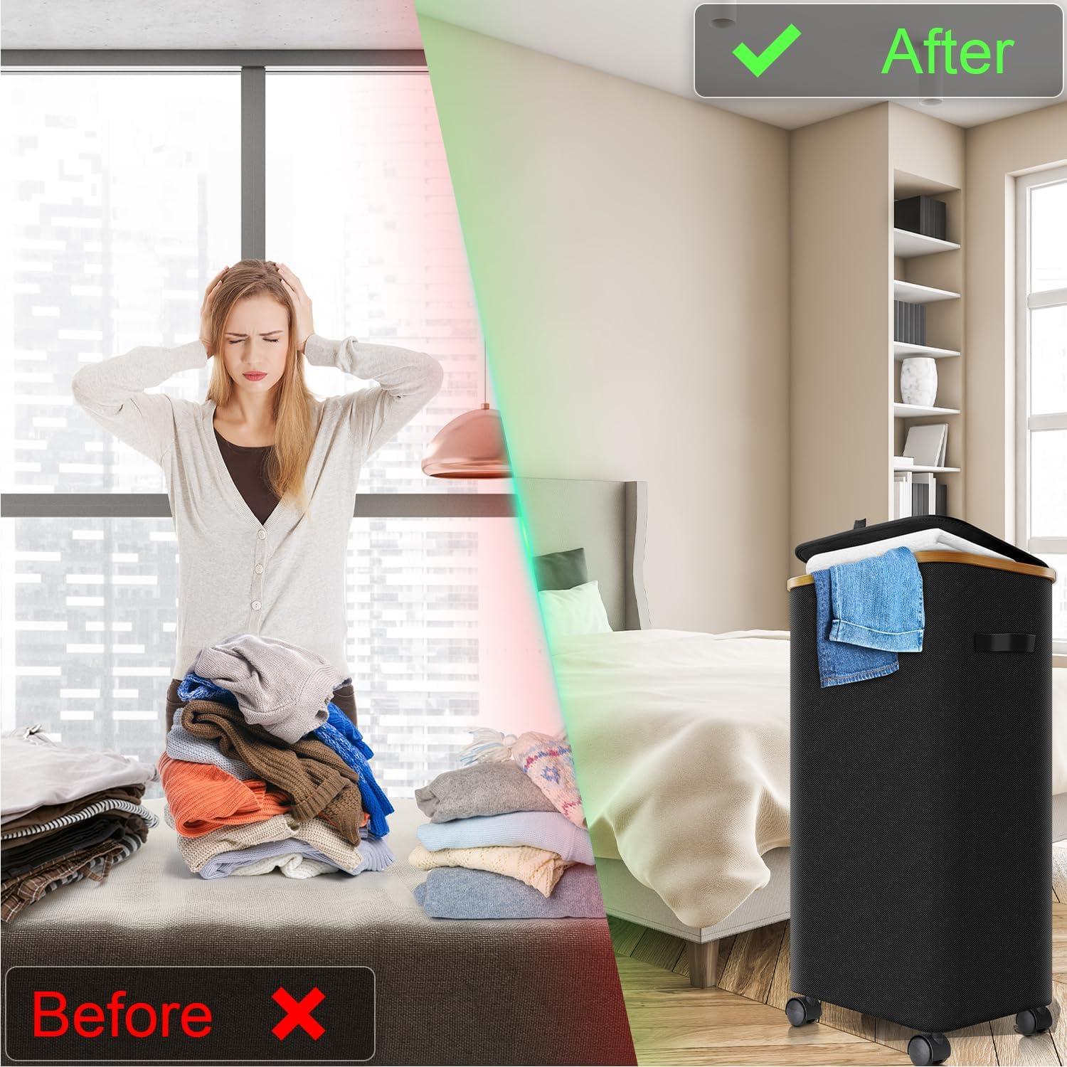 Cesta de Ropa Plegable Wuevu 75L con Ruedas y Tapa - Negro