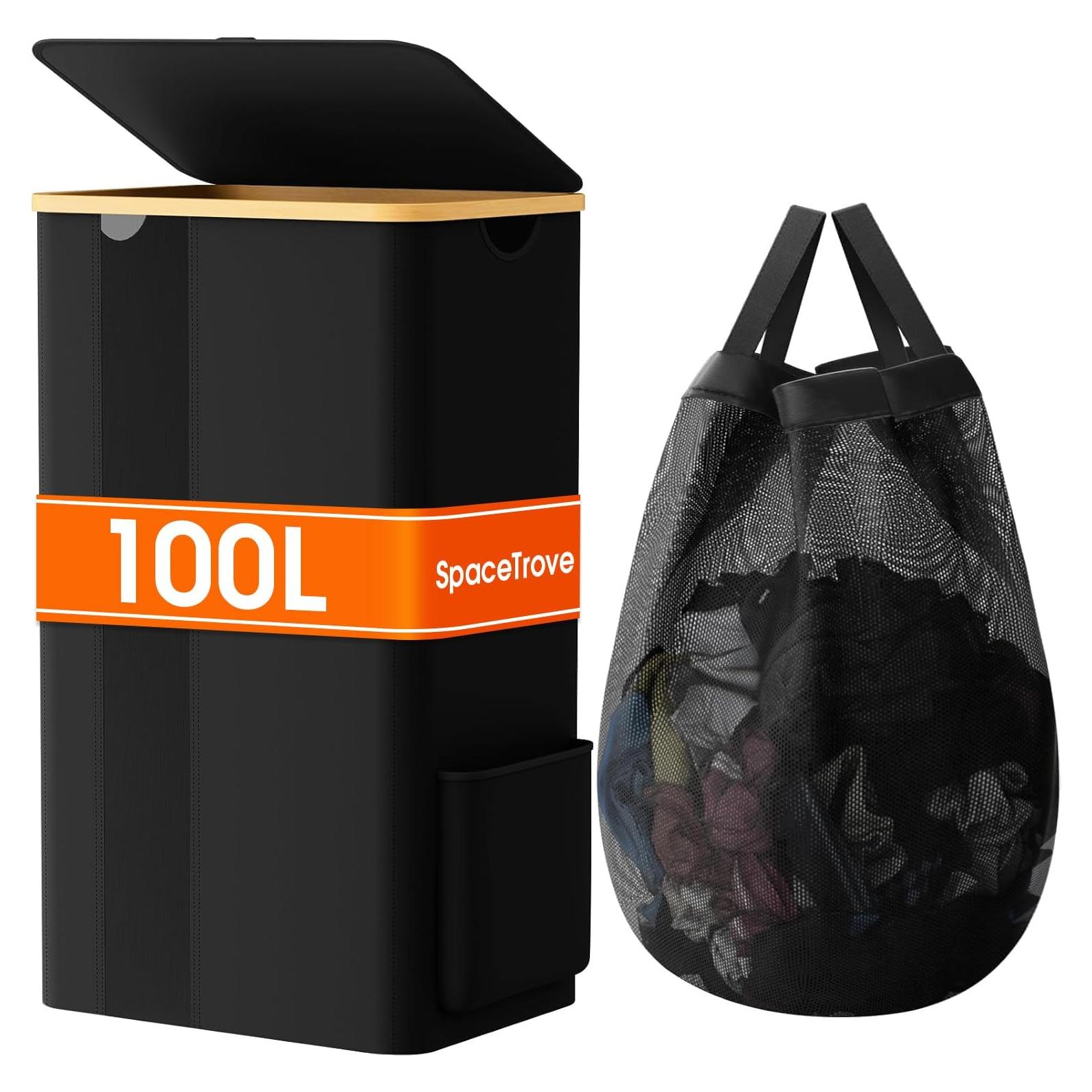 Cesta de Ropa Plegable SpaceTrove 100L Negra con Tapa