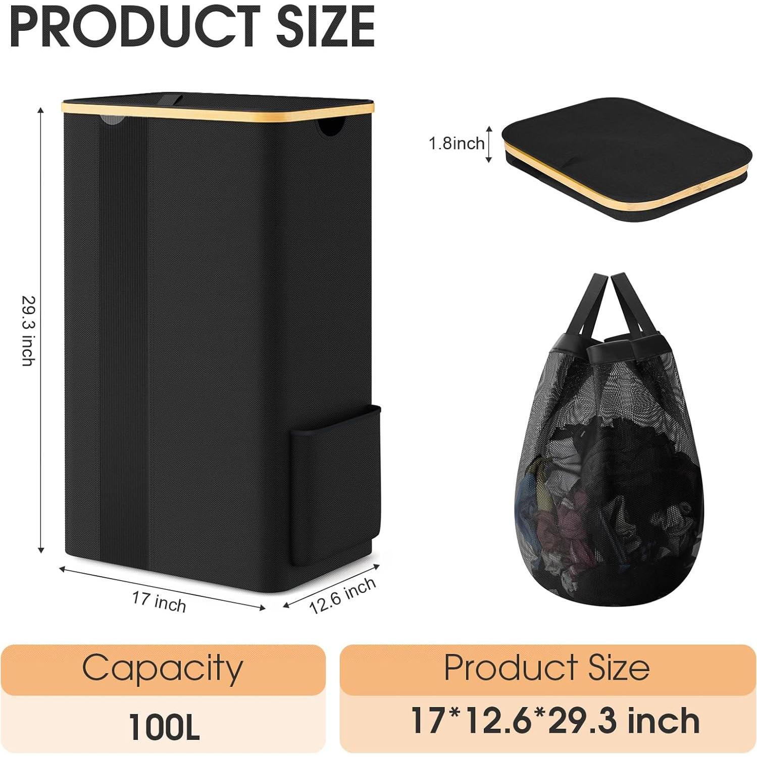 Cesta de Ropa Plegable SpaceTrove 100L Negra con Tapa