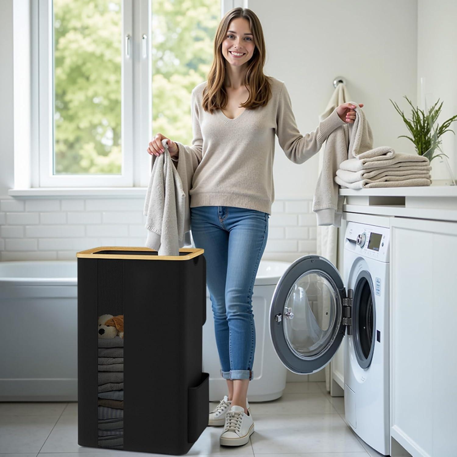 Cesta de Ropa Plegable SpaceTrove 100L Negra con Tapa