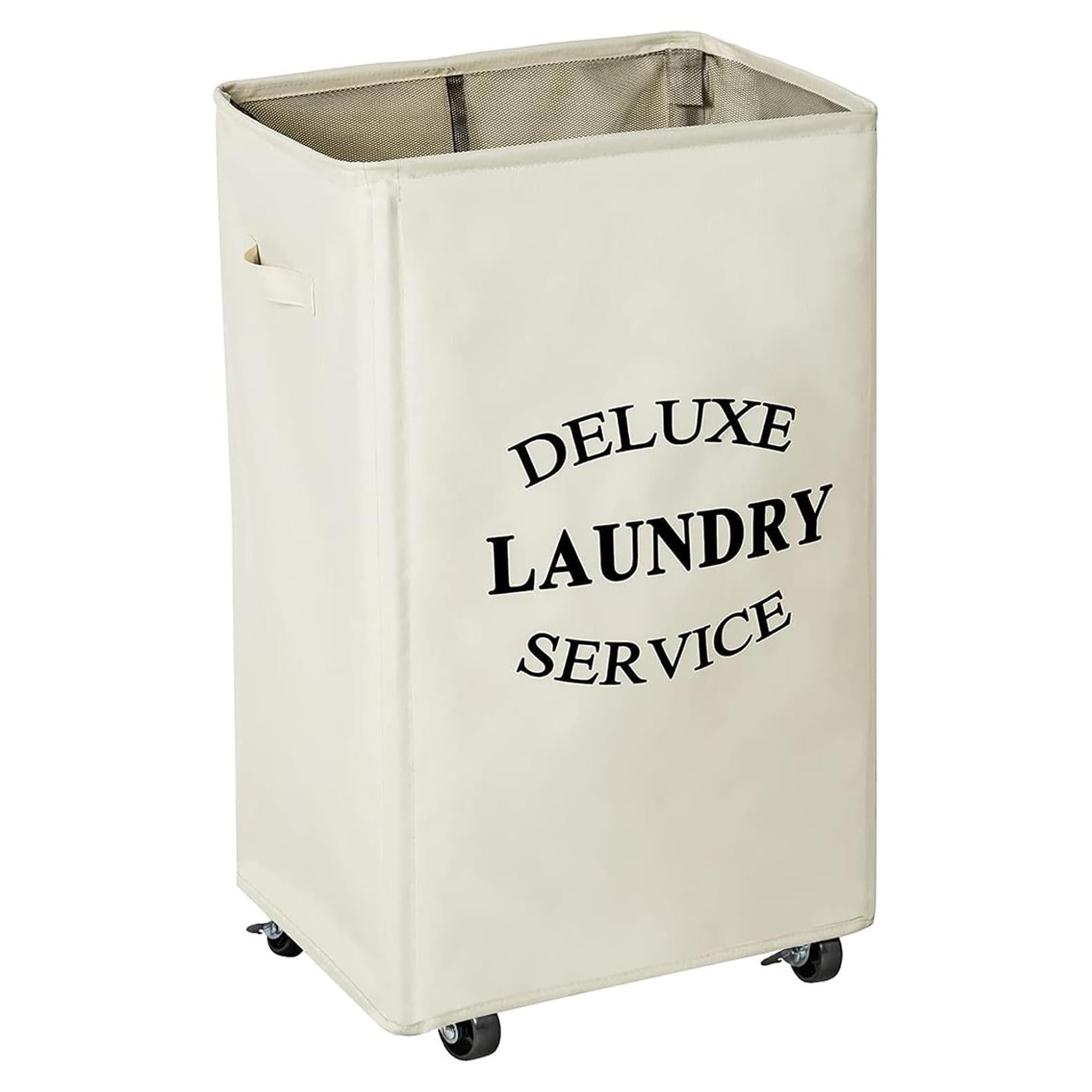 Cesta de Ropa Grande Plegable WOWLIVE 90L con Ruedas Beige