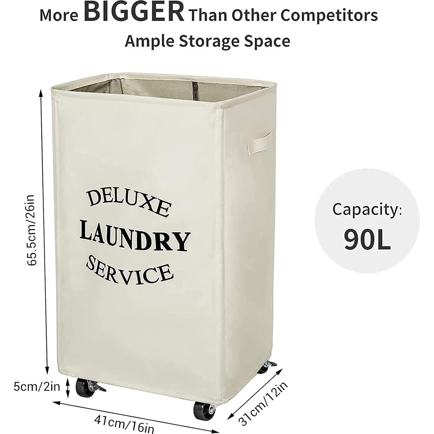 Cesta de Ropa Grande Plegable WOWLIVE 90L con Ruedas Beige