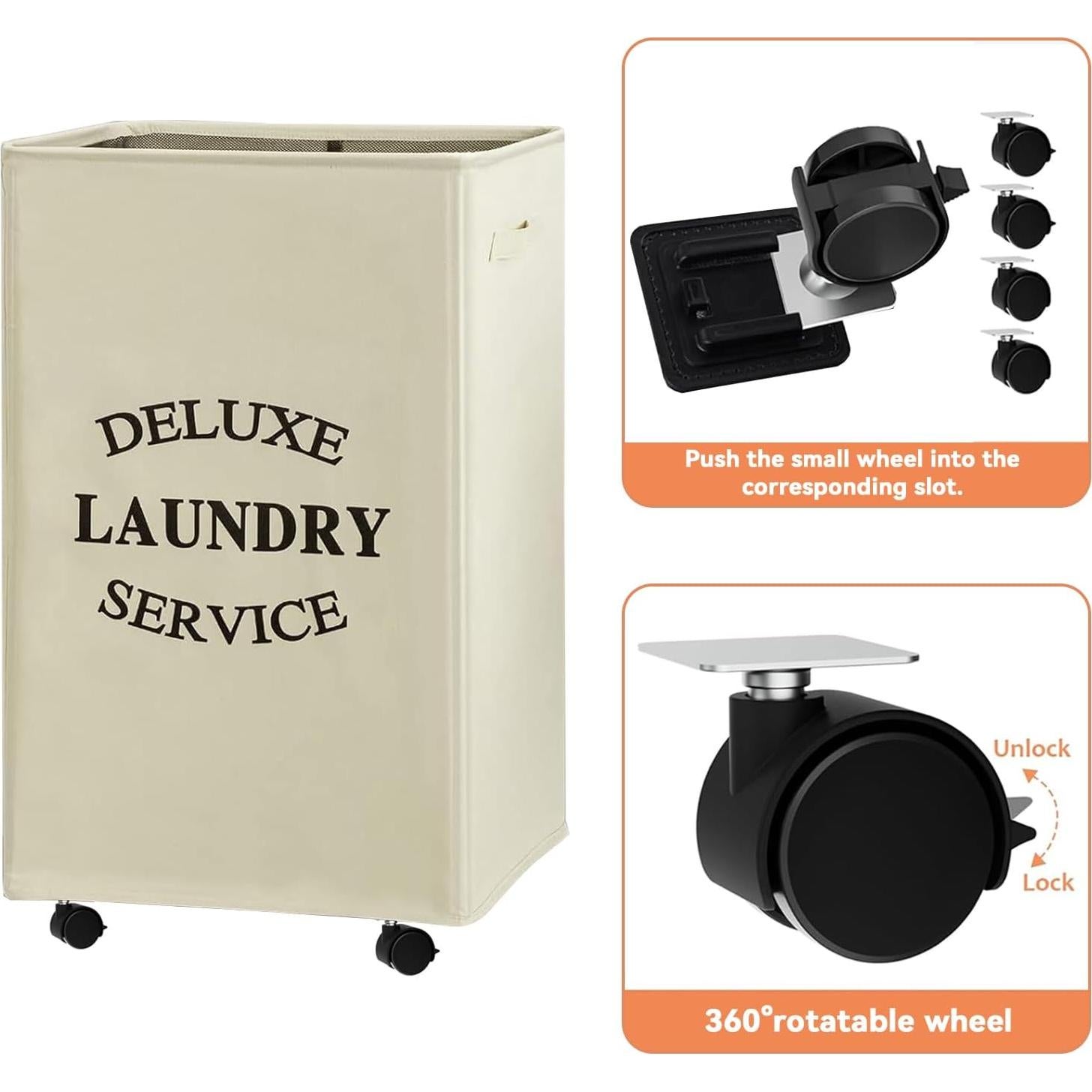 Cesta de Ropa Grande Plegable WOWLIVE 90L con Ruedas Beige