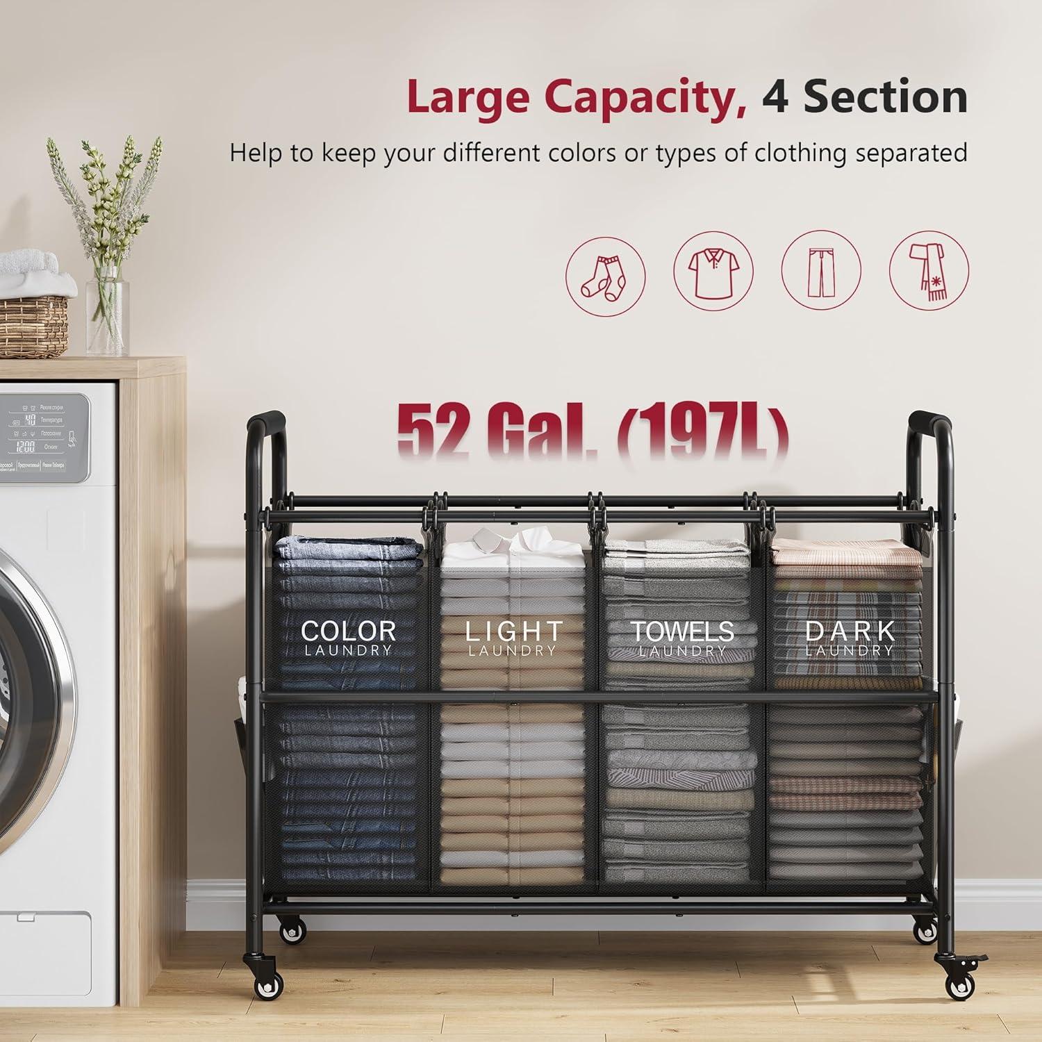 Carro Clasificador de Ropa Tajsoon 4 Bolsas Negro 197.3L