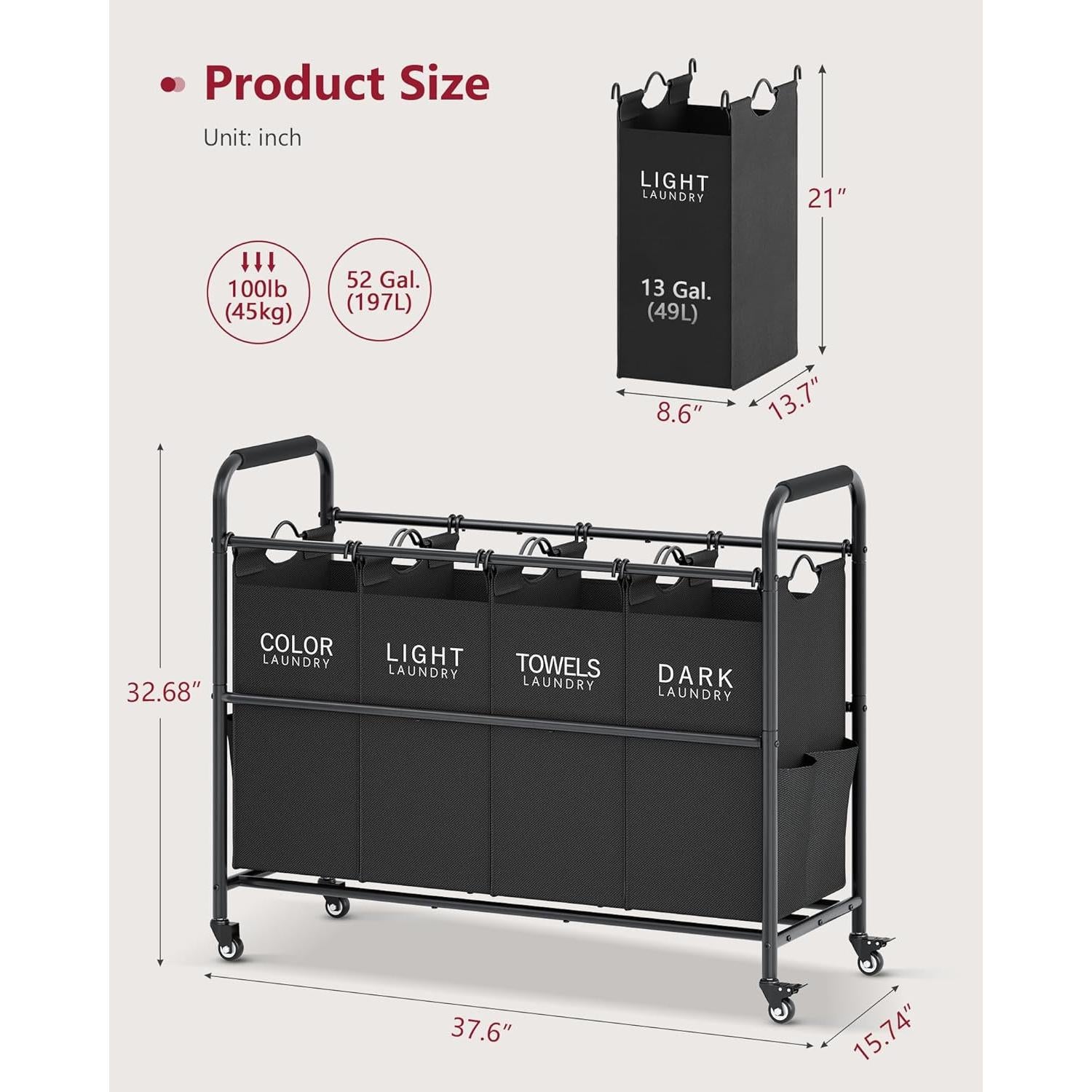 Carro Clasificador de Ropa Tajsoon 4 Bolsas Negro 197.3L