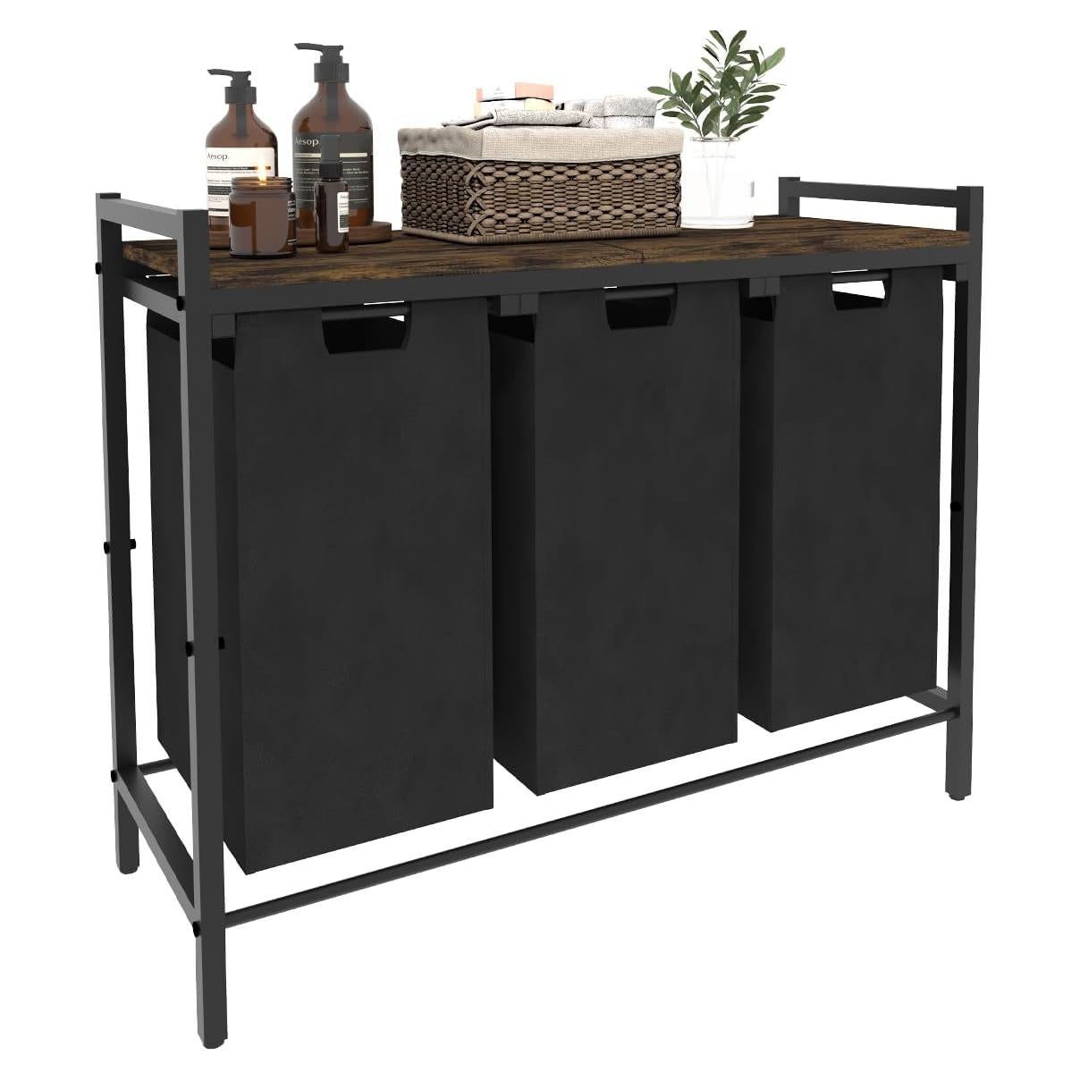 Cesto de Ropa Waaliji 3 Secciones con Estante Superior Marrón y Negro