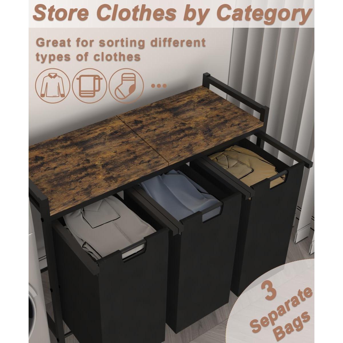 Cesto de Ropa Waaliji 3 Secciones con Estante Superior Marrón y Negro