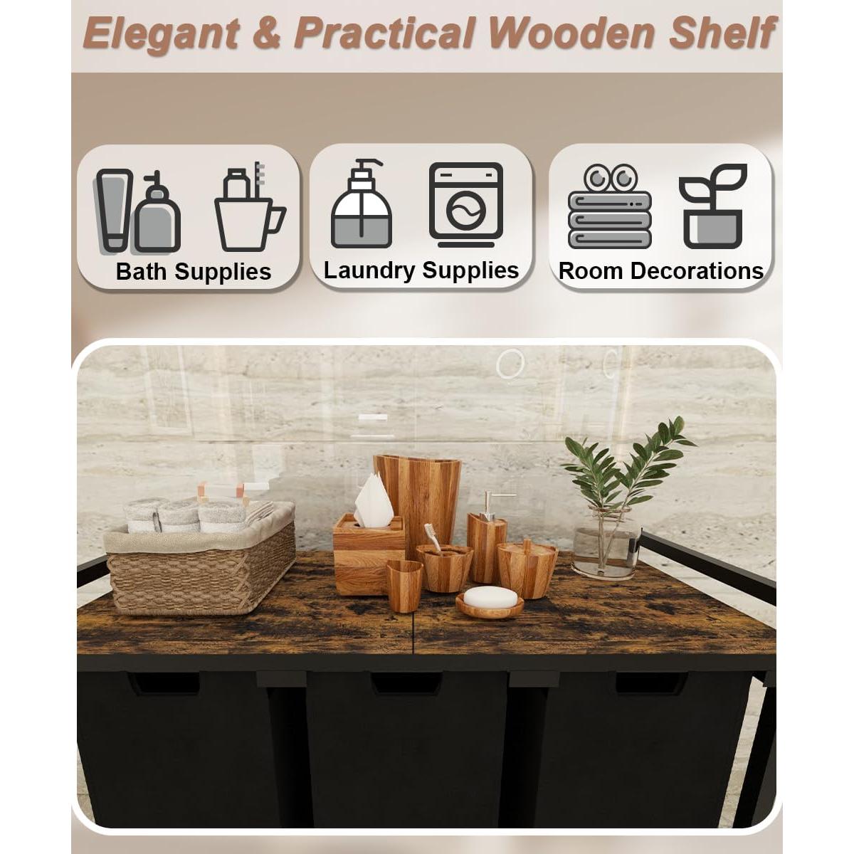 Cesto de Ropa Waaliji 3 Secciones con Estante Superior Marrón y Negro