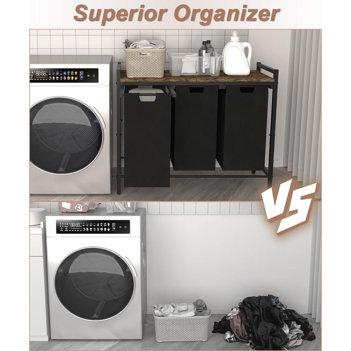 Cesto de Ropa Waaliji 3 Secciones con Estante Superior Marrón y Negro