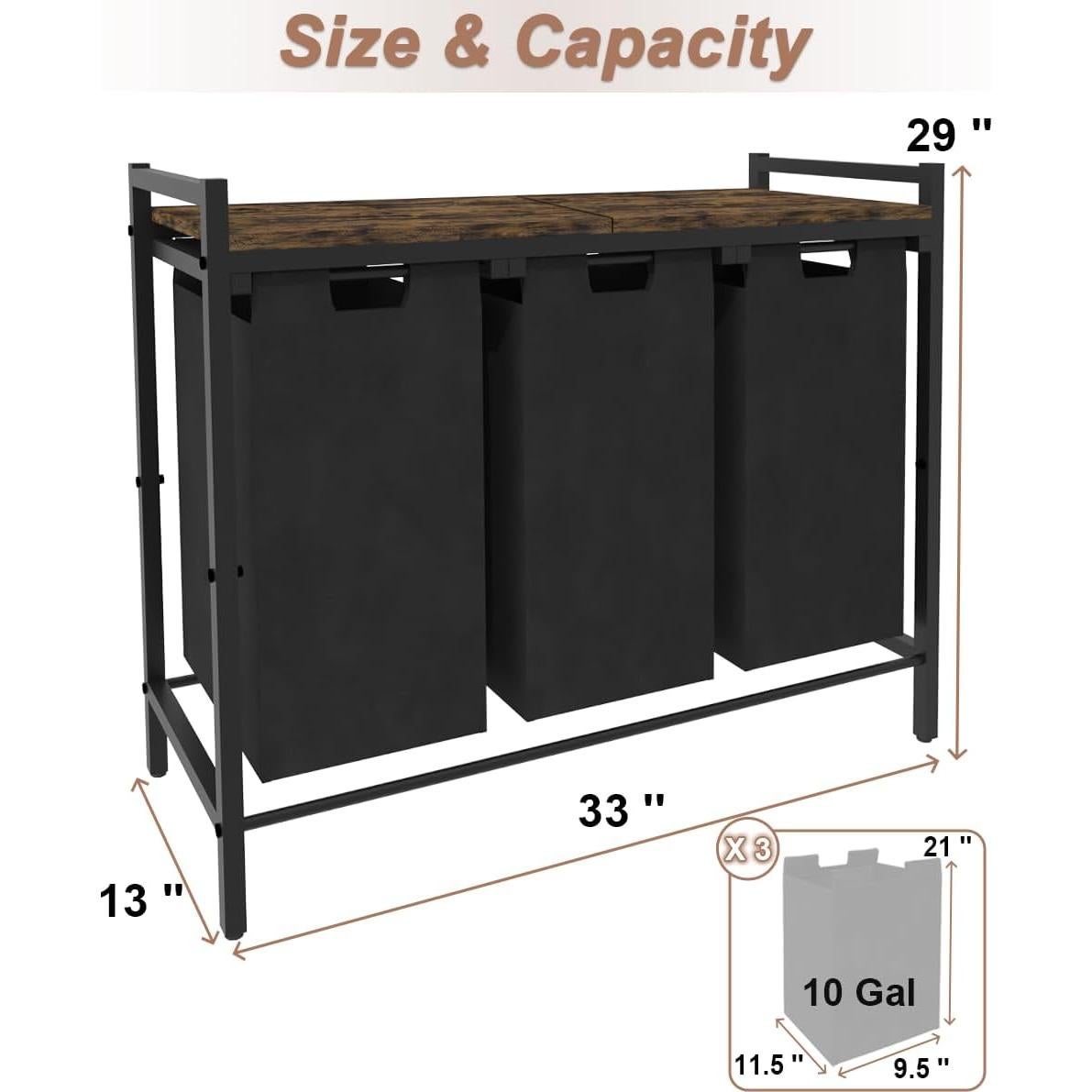Cesto de Ropa Waaliji 3 Secciones con Estante Superior Marrón y Negro