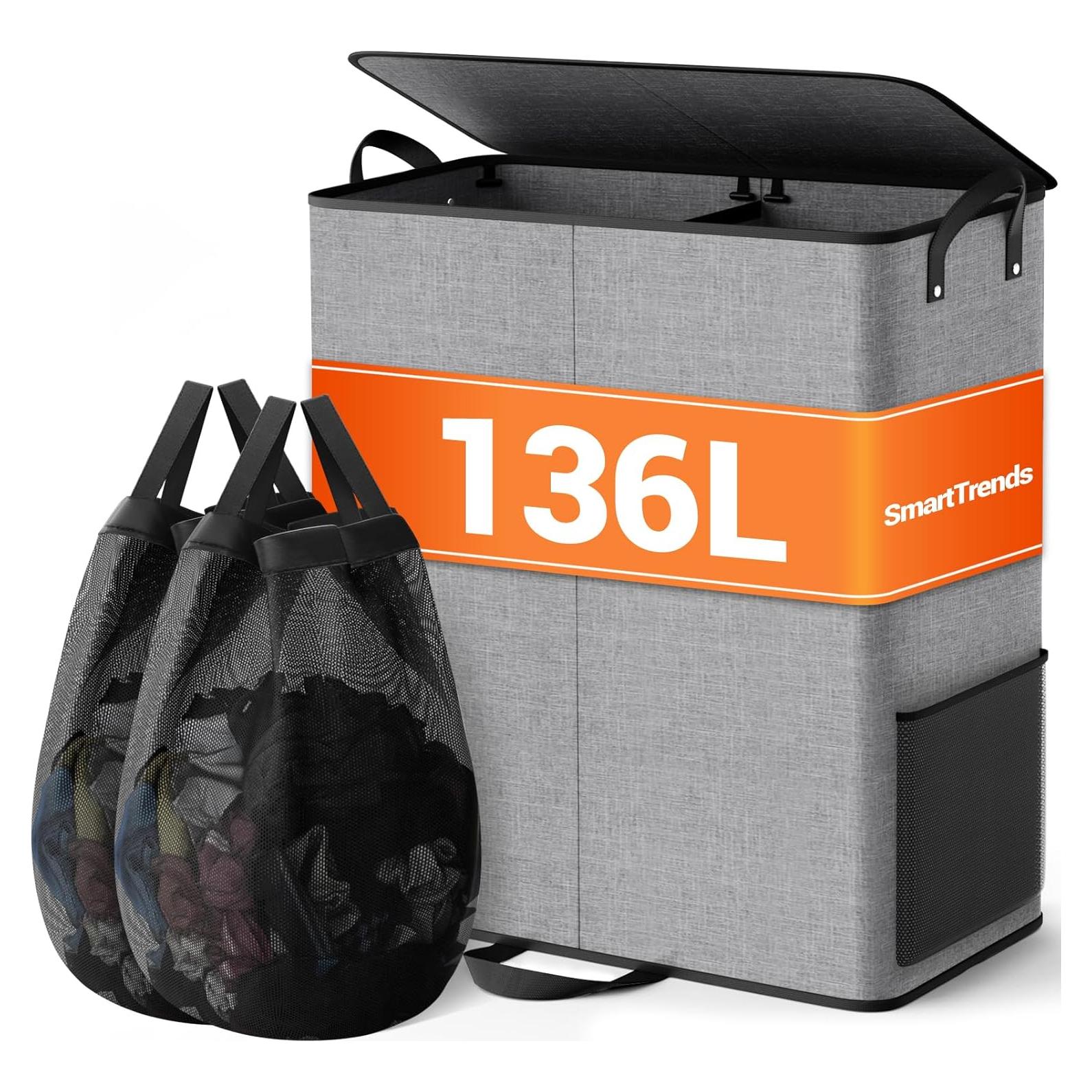Cesta de lavandería doble SmartTrends 136L gris con tapa