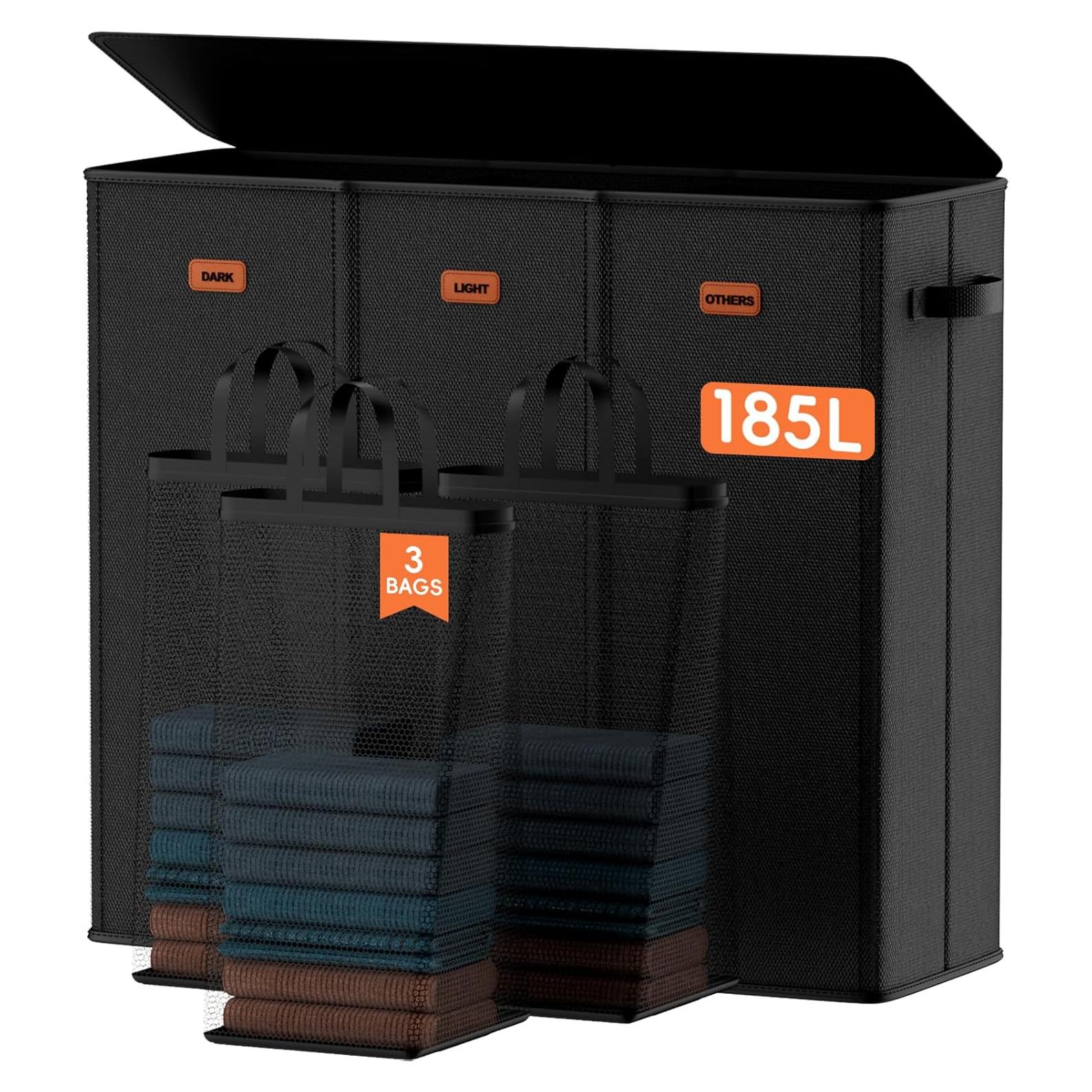 Cesto de Ropa 185L Vexalora 3 Secciones con Tapa Negro